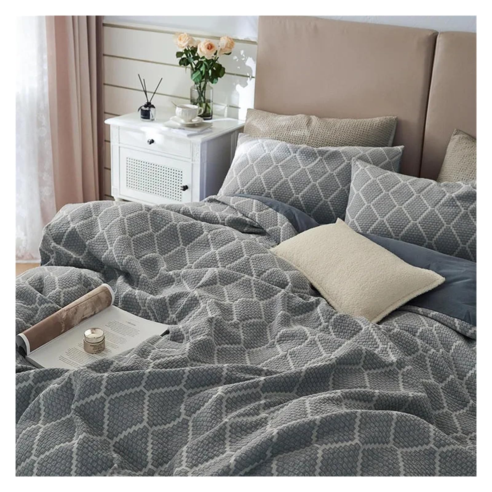 ADovz 100% cotone tinto in filo diamante jacquard coperta set copertura doppia regina re 4 pezzi morbido boho trapunta copertura lenzuolo fodere Compatible with cuscini,Lenzuola
