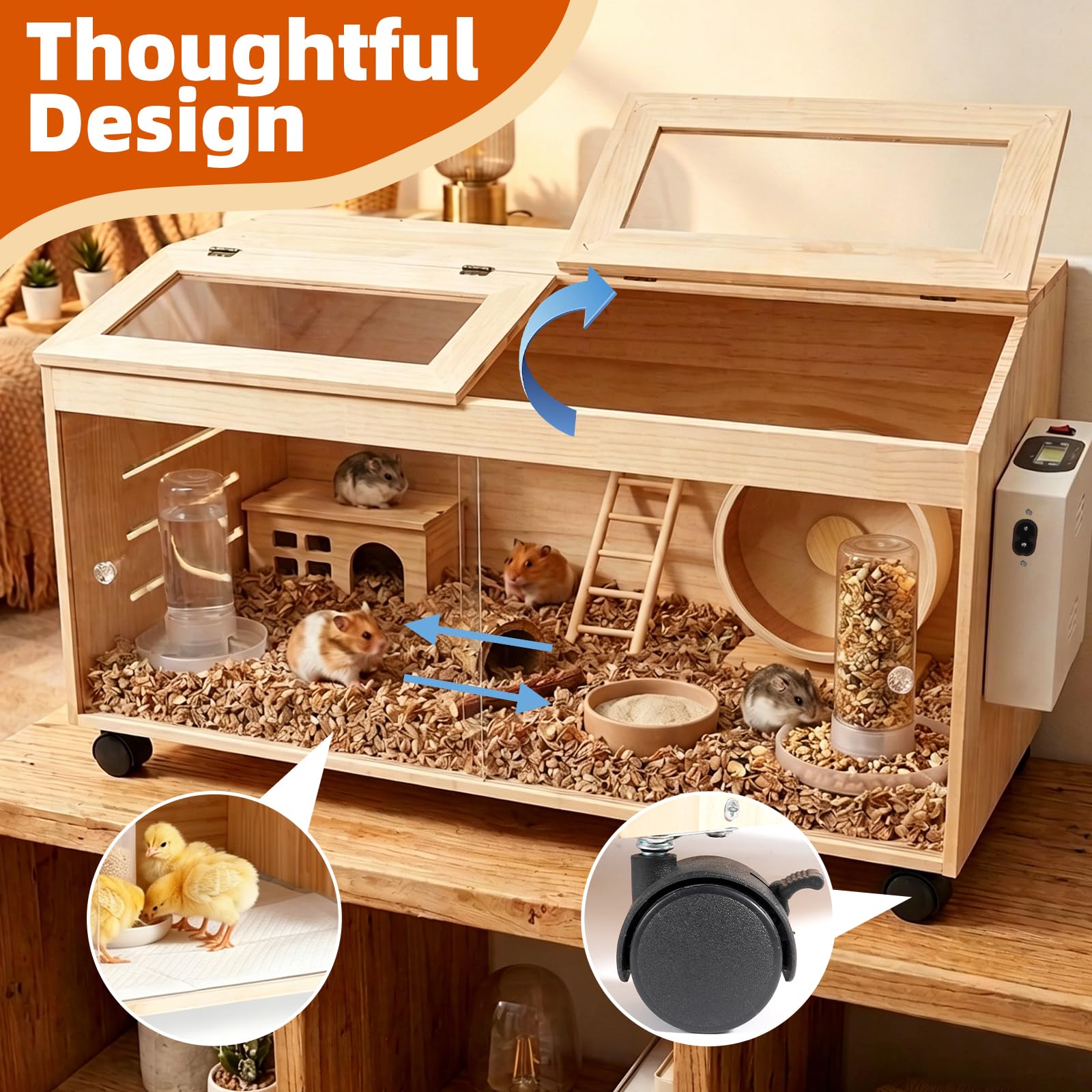 Caja de cría de pollitos, casa de cría de aves de corral con calentador y alimentador, incubadora de madera para pollitos, patos, codorniz, loro, hámsteres, lagartos