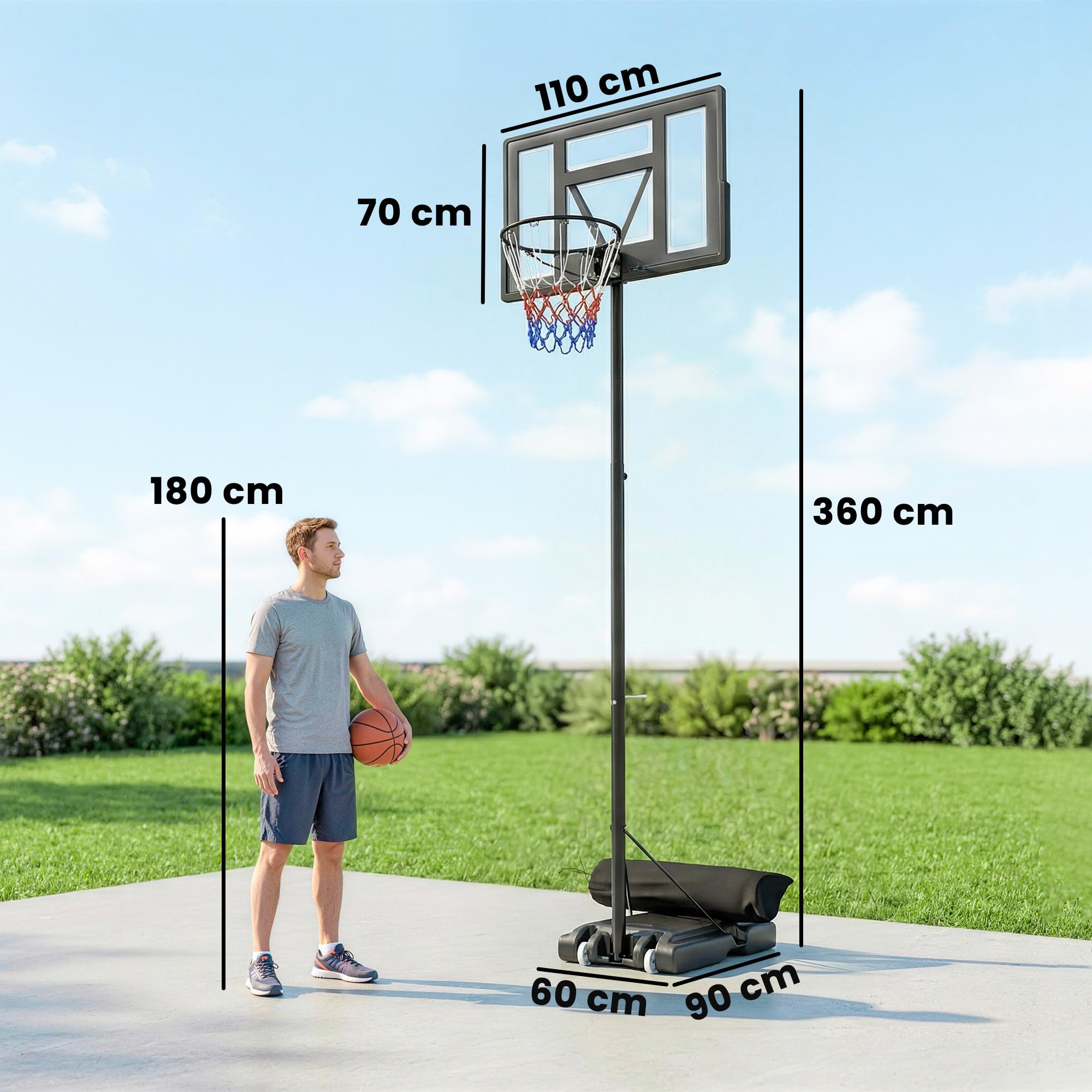 SPORTNOW Canestro Basket Esterno Regolabile in Altezza 135-305 cm, Canestro da Basket con Ruote, Base Riempibile, Sacco di Peso, Tabellone Infrangibile, Portatile per Interno Adulti Adolescenti, Nero