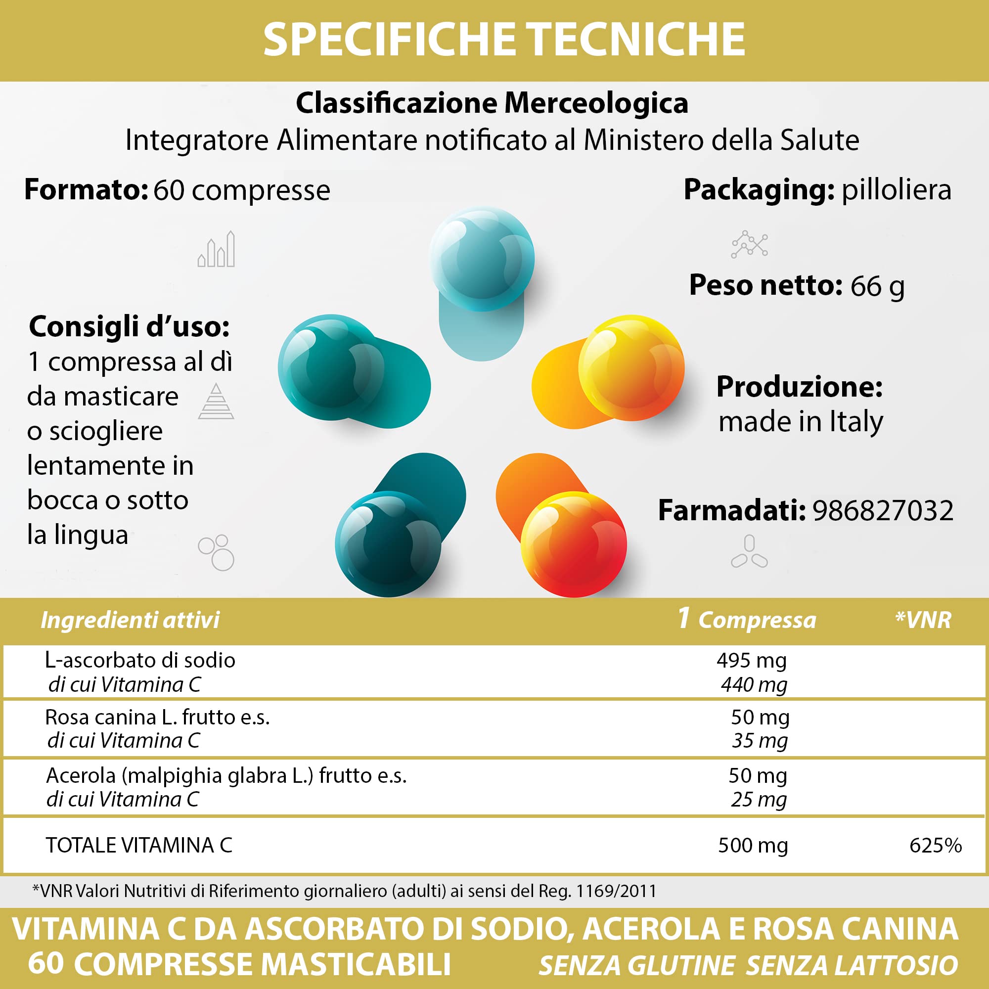 Vitamina C da Ascorbato Di Sodio Acerola e Rosa Canina 240 Compresse Masticabili 1 al dì | Senza Glutine e Lattosio | Meno Acida | Assorbimento più rapido | non di origine animale | 500 mg