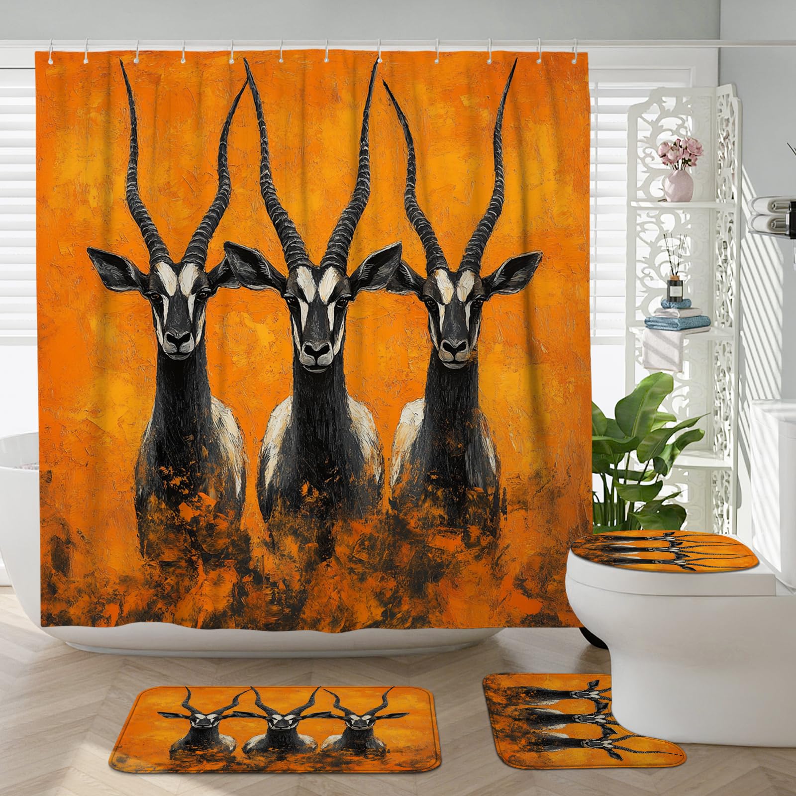 4PCS Novelty Country Antelopes Bathroom Accessory Sets with Non-Slip Rug, U Shape and Toilet Lid Cover Mat, Cool Rustic Wildlife Bathroom Fabric Decor-72''x72''