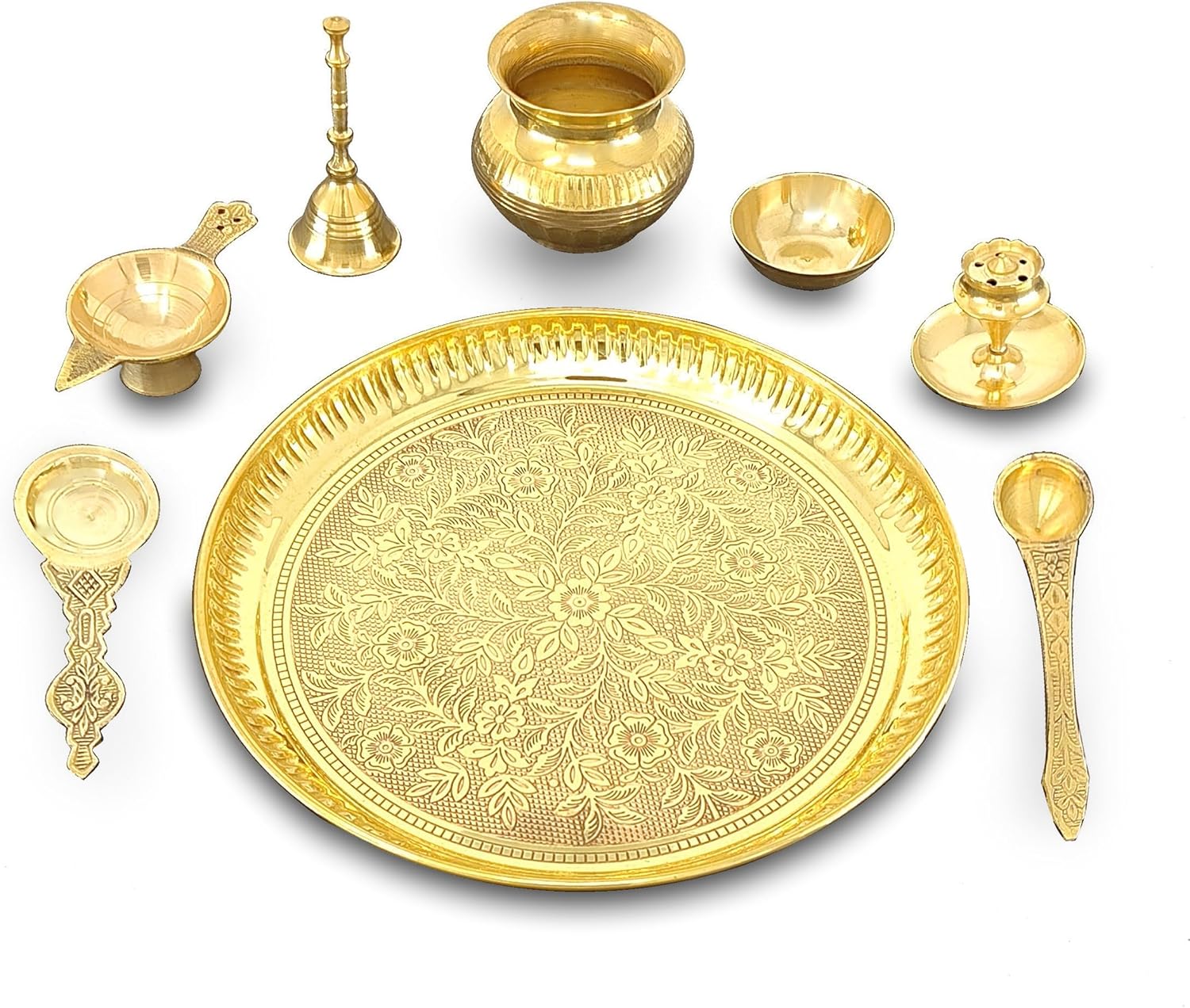 Brass Pooja Thali Set 8 Inch Puja Thali with Pital Plate Kalash Palli Chandan Wati Agarbatti Stand Kappur Arti Diya for Diwali Home Office Mandir Wedding Return Gift Items