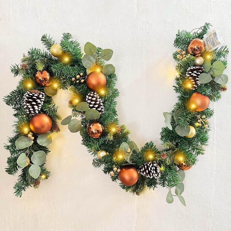 WANNA-CUL Pre-Lit 6ft Copper Gold Christmas Garland with 30 LED Lights | Timer Winter Xmas Lighted Garland for Mantel with Eucalyptus,Pine Cones,Ball Ornaments,Battery Operated Indoor Outdoor Decor