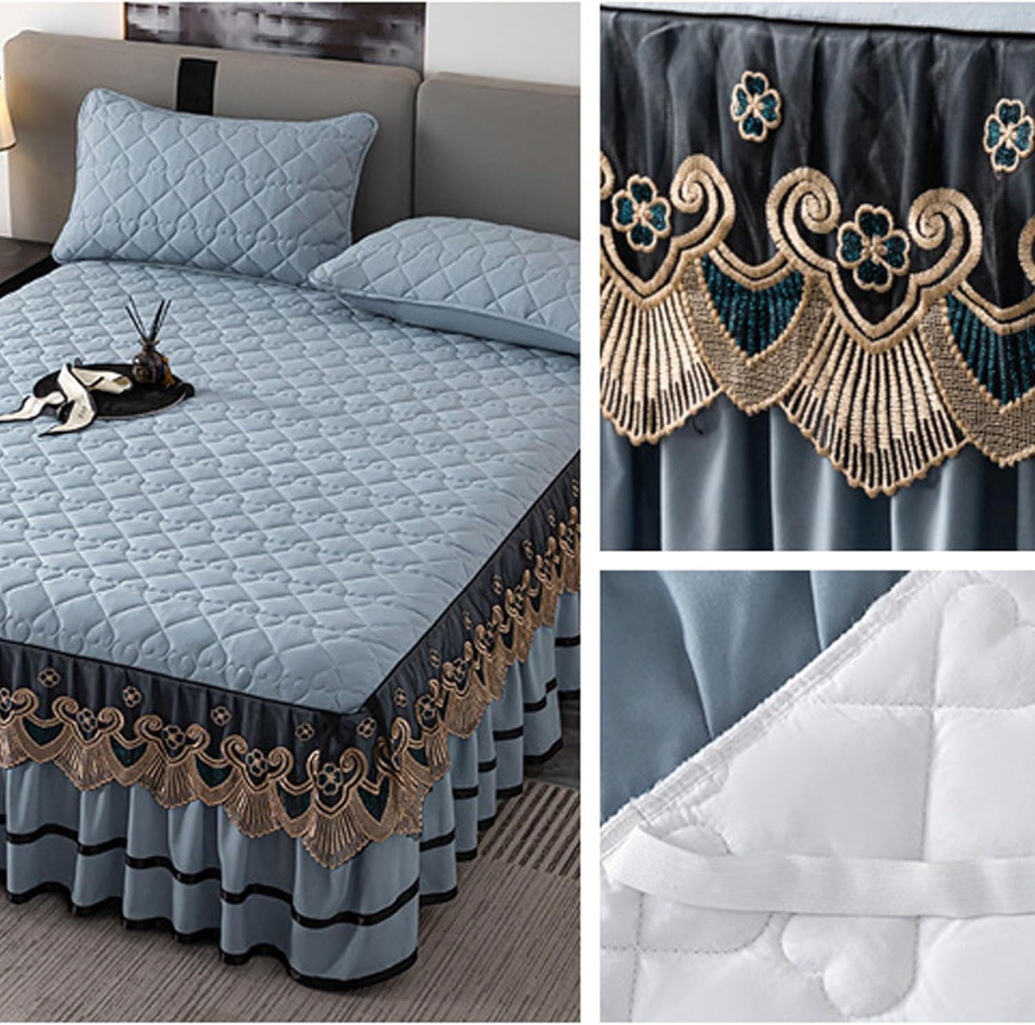 Soybean Fiber-Filled Thickened Bed Skirt and Quilted Bedspread,Three-Sided Puffed Hem, Includes Stretch Fitted Sheet(CD007Blue 3,King)