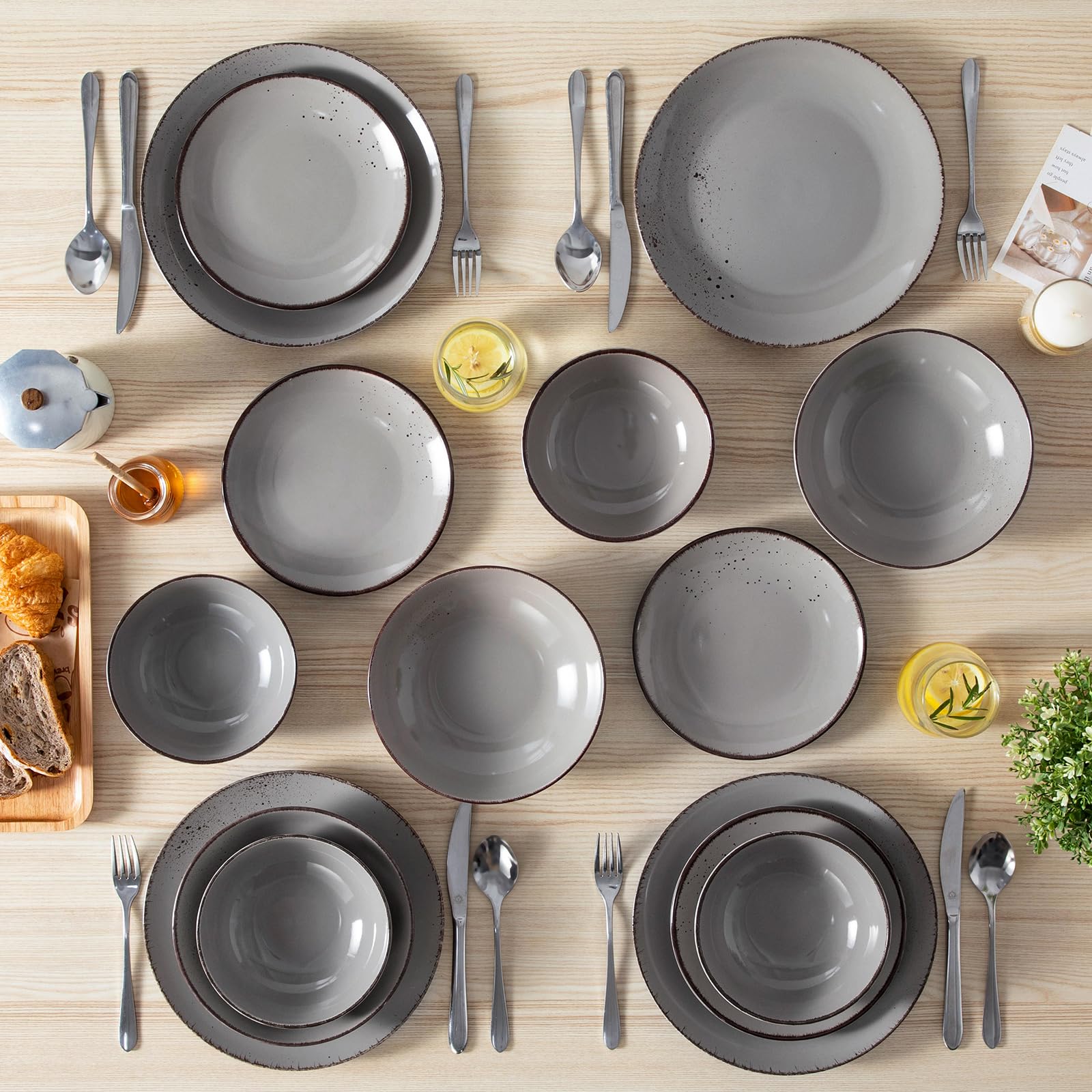 vancasso Navia 24 Pieces Stoneware Dinner Set for 6, Vintage Look Grey Tableware Set with Dinner Plates, Dessert Plates, Soup Bowls & Cereal Bowls, Dishwasher & Microwave Safe — view 7