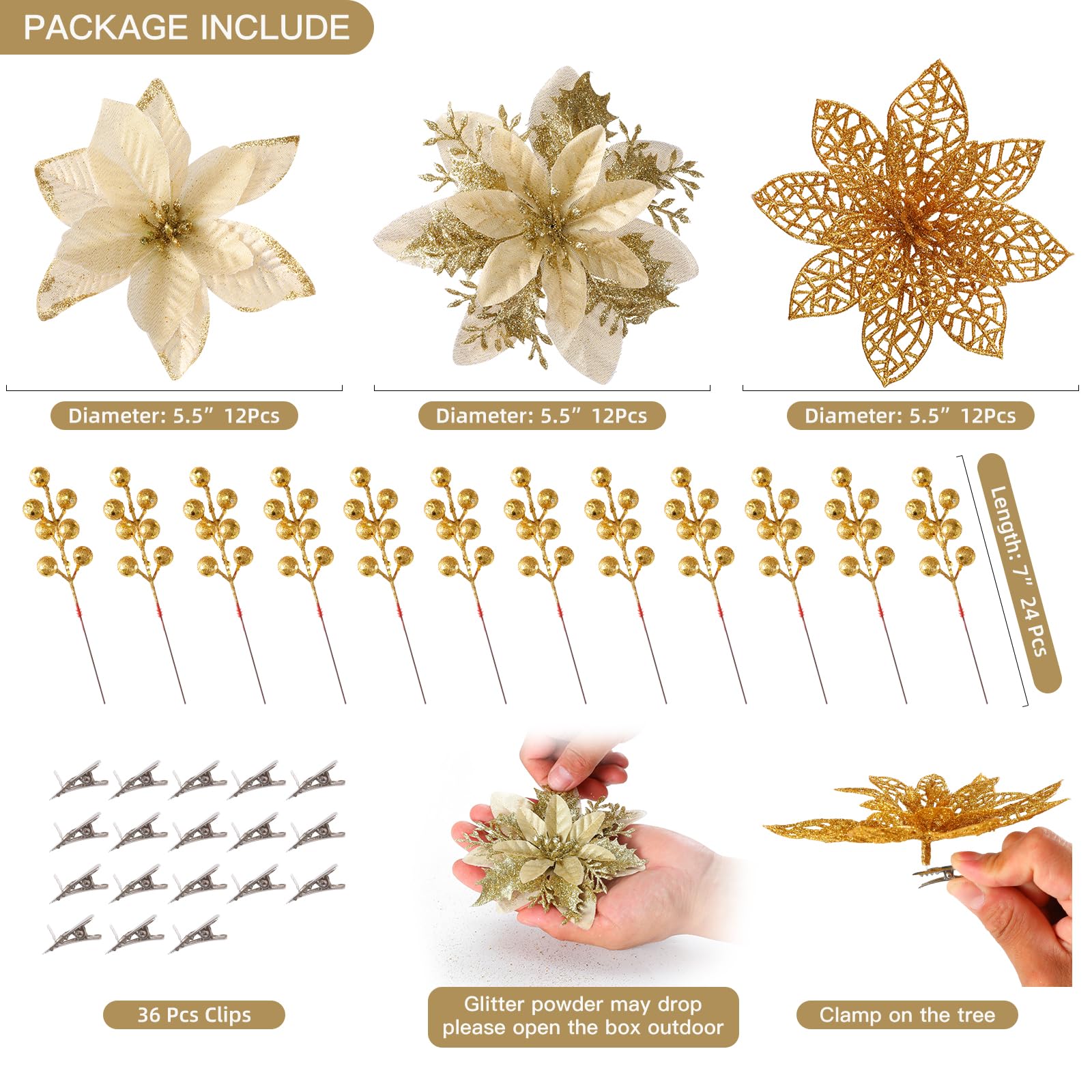 Floweroyal Künstliche Weihnachtssterne mit Clips und Beerenstielen, Glitzer-Ornamente für Weihnachtsbaum, Kranz, Kamin, Treppe, Dekoration, 60 Stück (Gold, 3 Stile)