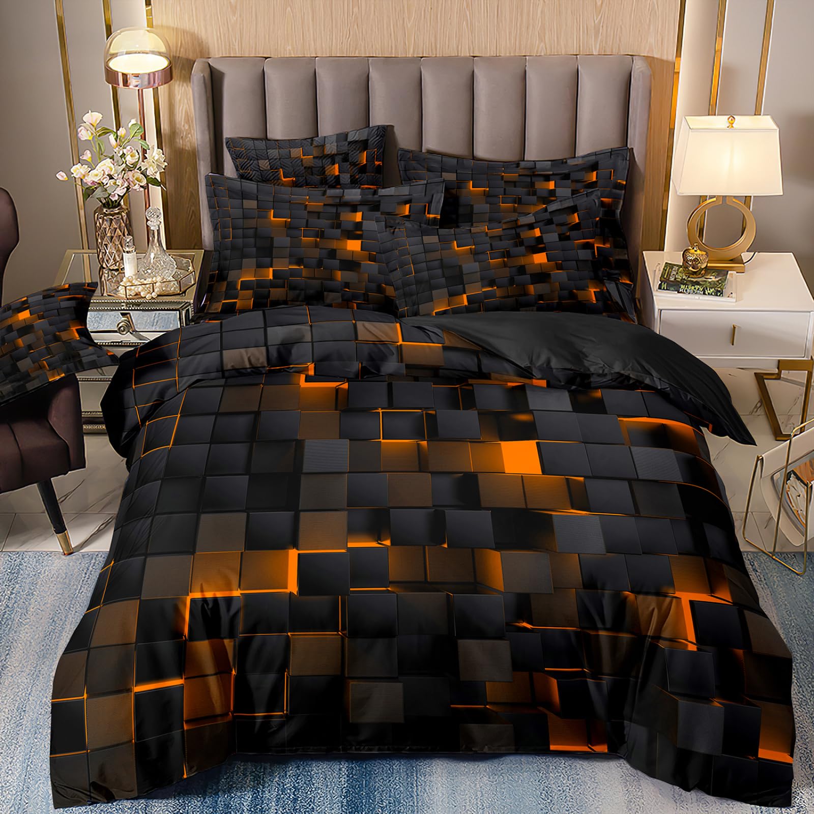 Dwetcxo Double Duvet Set Orange Black Geometry Duvet Sets Double Bed Soft Microfiber Washable Duvet Cover Sets Easy Care Bedding with Zipper Closure+2 Pillowcases 50x75cm 200x200cm