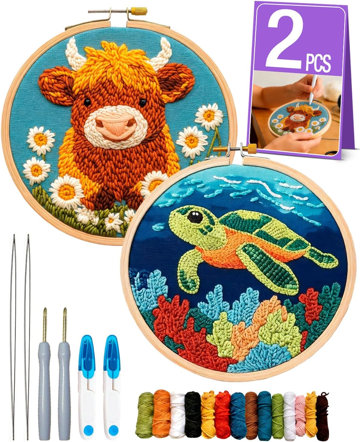 LPLEA 2PCS Punch Needle Kits for Beginner, DIY Punch Needle Kit Adults Beginner, Cow and Sea Turtle Complete Craft Set with Hoop, Pre-Printed Canvas, Yarns & Tools, Festive Gift and Home Decoration