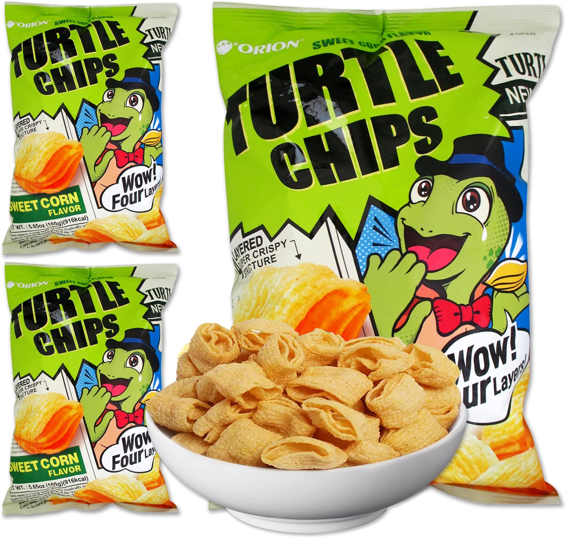 K-Munchies Orion Turtle Chips – Large 3 x 160-gram Sweet Corn Flavor Korean Chips – Big Bag, Party Size Savory, Tasty, Crispy Korean Corn Snacks - Bite-Sized, On-The-Go Korean Corn Snack for Family