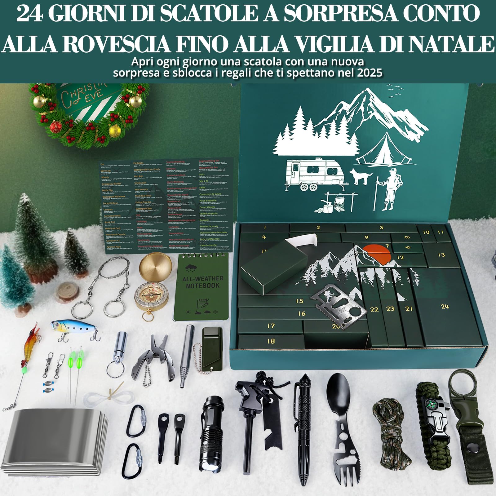 BuzzoXerex Calendario Avvento 2025 Uomo, 24pcs Kit di Sopravvivenza Calendario dell'avvento da Uomo, Regalo di Natale per Marito, Fidanzato, Papà Avventura Outdoor, Campeggio