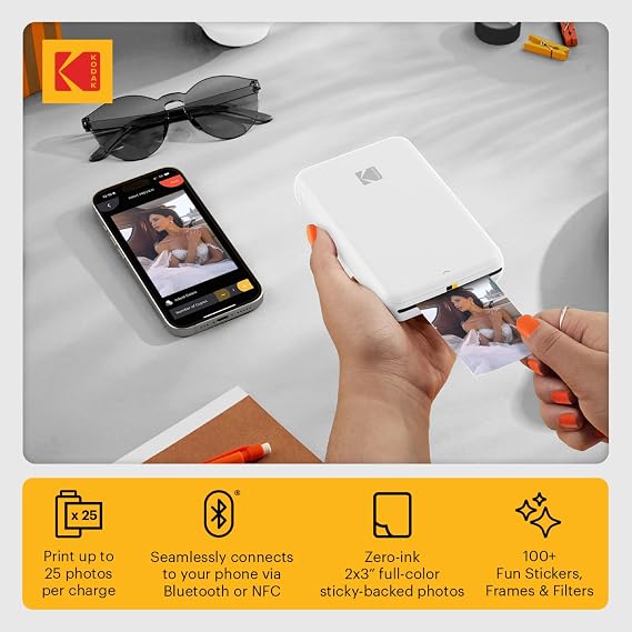 Kodak Step Instant Smartphone Photo Printer - 75 Sheets Bundle - Portable Mini Color Wireless Mobile Printer - Zink 2x3 Sticky-Back Photos - Bluetooth Compatible with Smart Devices - Fun App -White