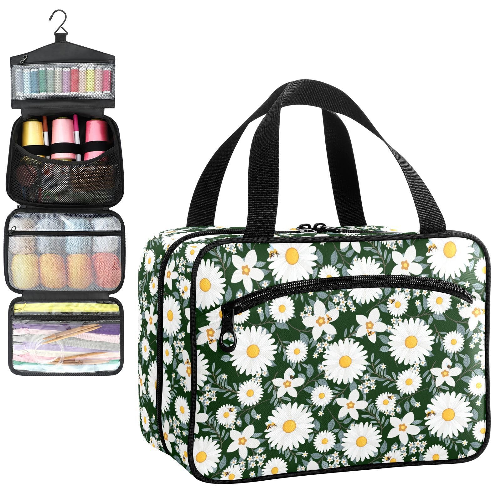 YNNALE Sewing Supply Organizer Bag, Daisy Bee Floral Gark Green White Portable Sewing Bags with Pockets&Hanger, Sewing Storage Box Case for Sew Supplies/Kit/Tools/Accessories (BAG ONLY)