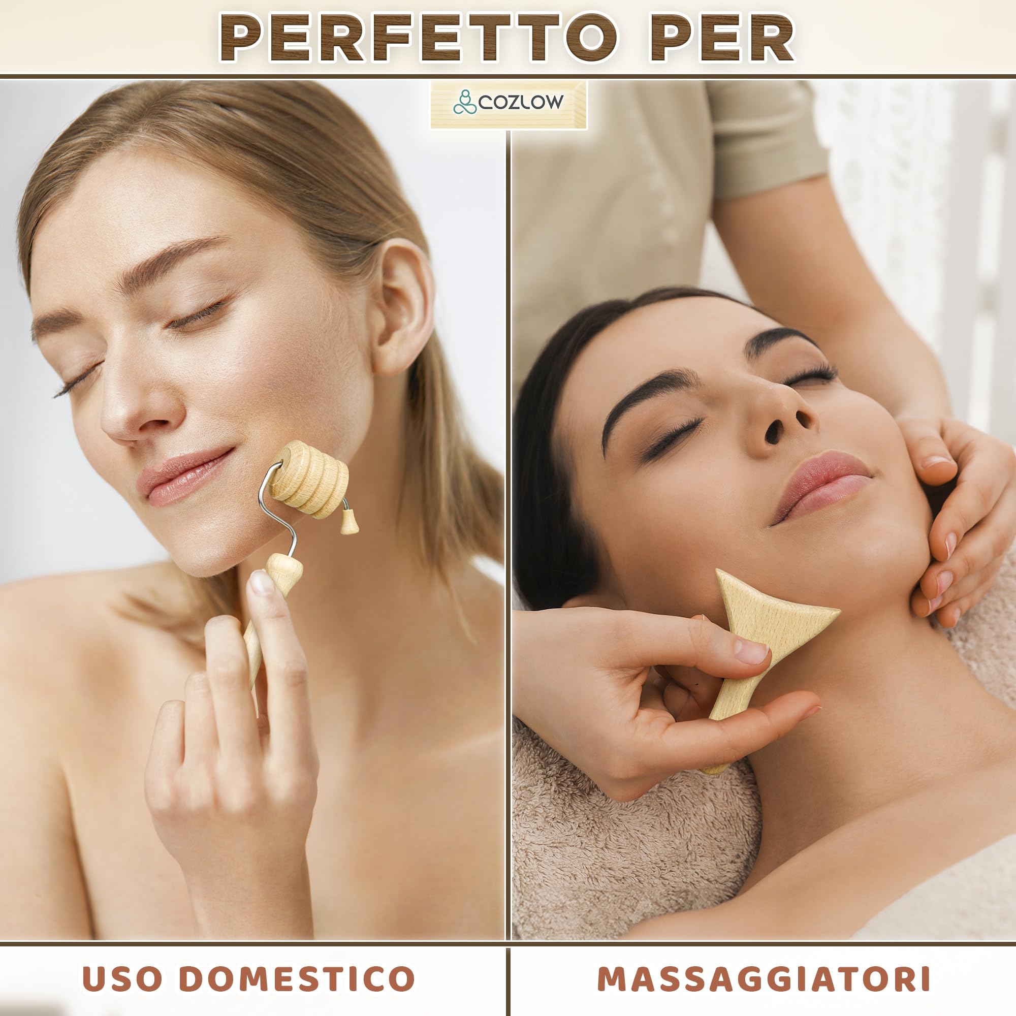 COZLOW Strumenti per massaggio facciale in legno (set da 7 pezzi), kit massaggiatore viso in legno Gua Sha per lifting viso, drenaggio linfatico, cura della pelle e anti-invecchiamento