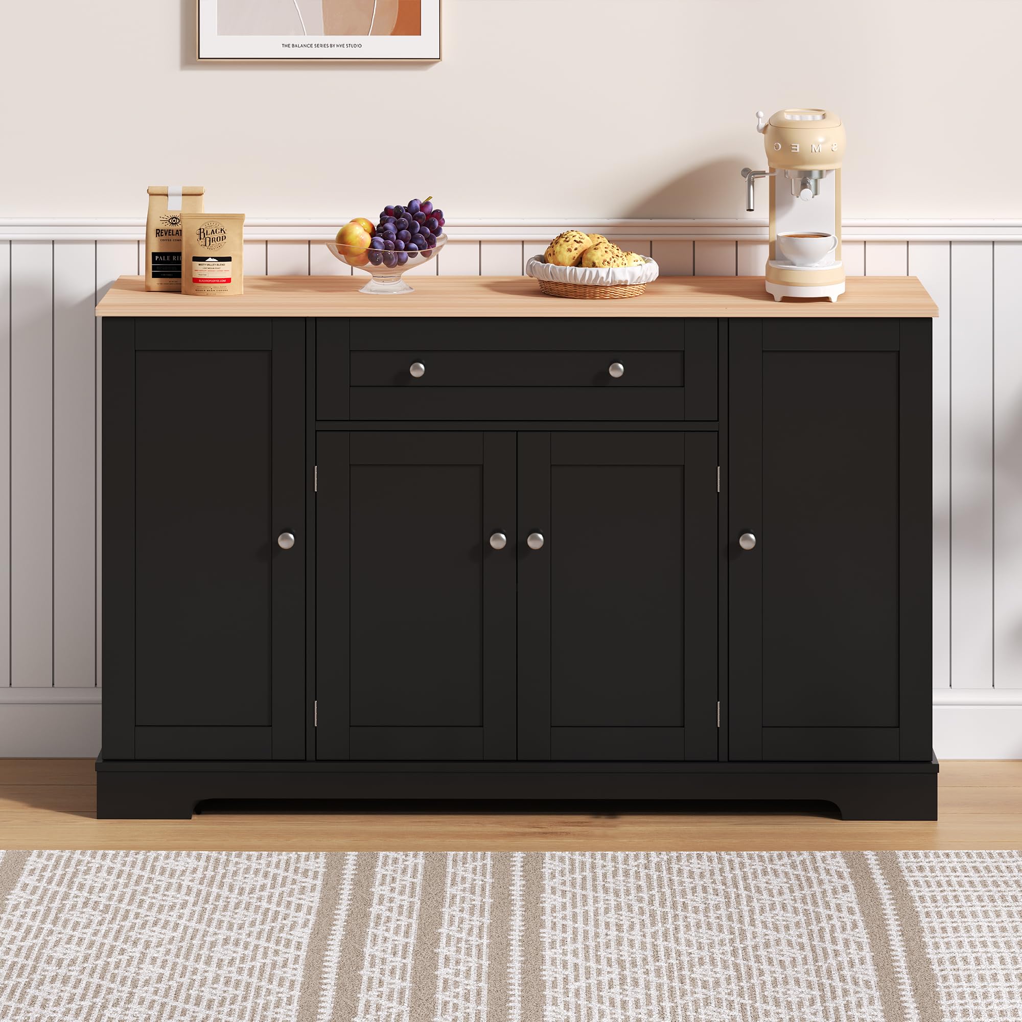 Rosebibi Keukenkast, hoge kast, vitrinekast, buffetkast met verstelbare planken, eetkamerkast met 2 laden, dressoir met ledverlichting, variabele lichtkleuren (wit