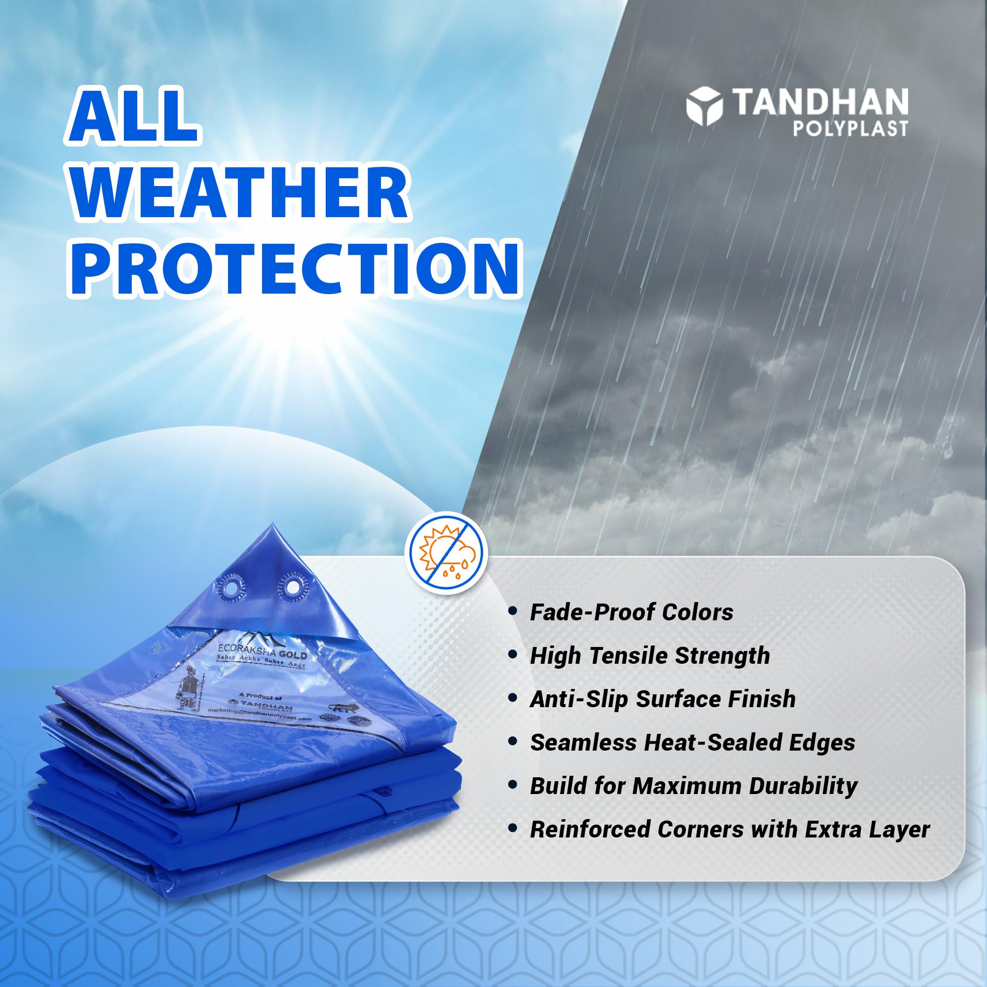 Ecoraksha Gold 120 GSM Blue Tarpaulin Sheet 6x6 Ft | Waterproof UV Resistant Rip-Stop Tirpal for Roofing, Agriculture, Camping & Cycle Cover | Thadpatti — Amazon image 4