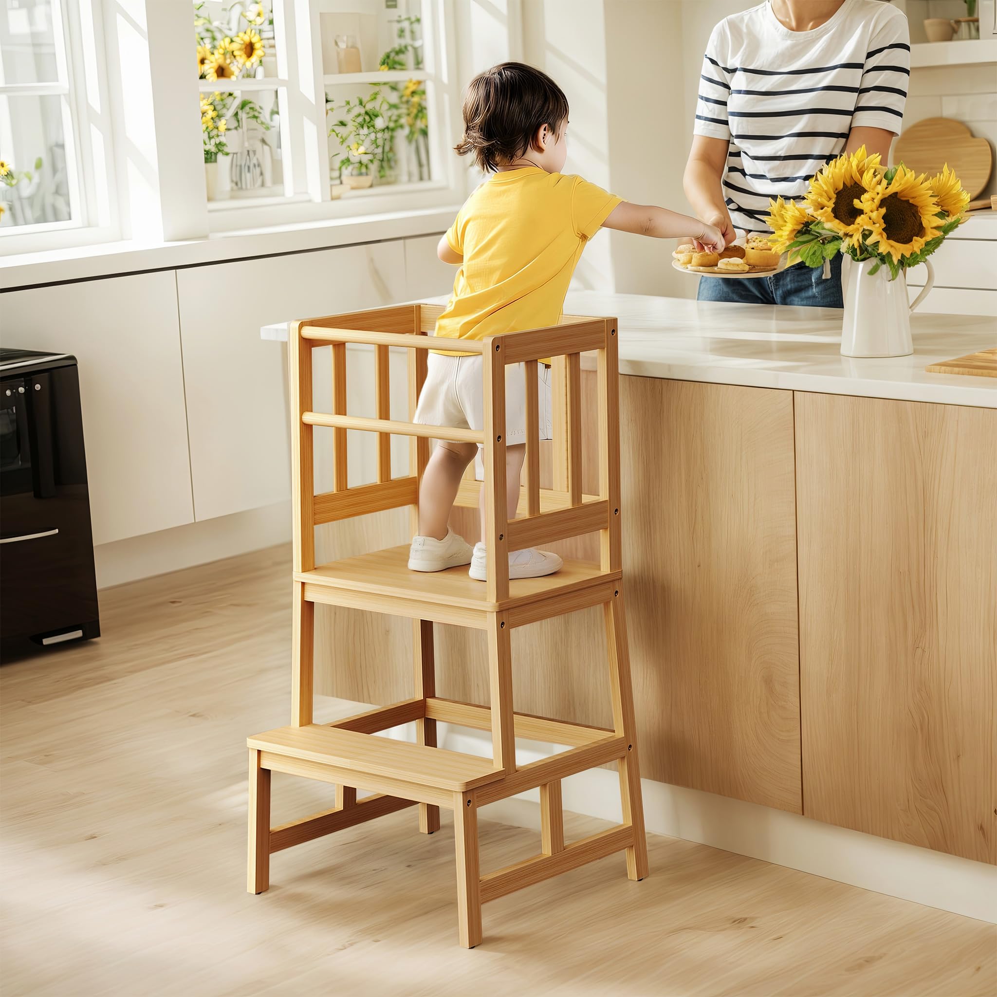 Wiltec Pomocnik kuchenny z bambusa dla dzieci z balustradą 46 x 46 x 90 cm, podest kuchenny do gotowania i zabawy, kitchen helper do kuchni i łazienki