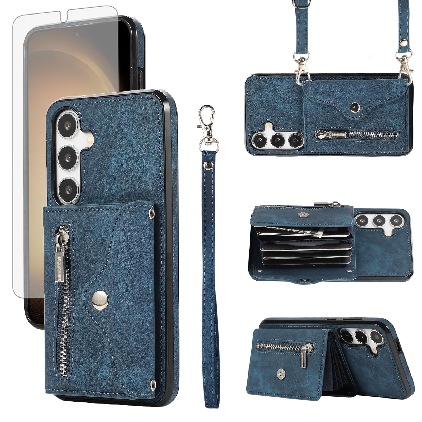 Asuwish Phone Case for Samsung Galaxy A55 5G Wallet Cover and Tempered Glass Screen Protector with Wrist Crossbody Strap Lanyard Credit Card Holder