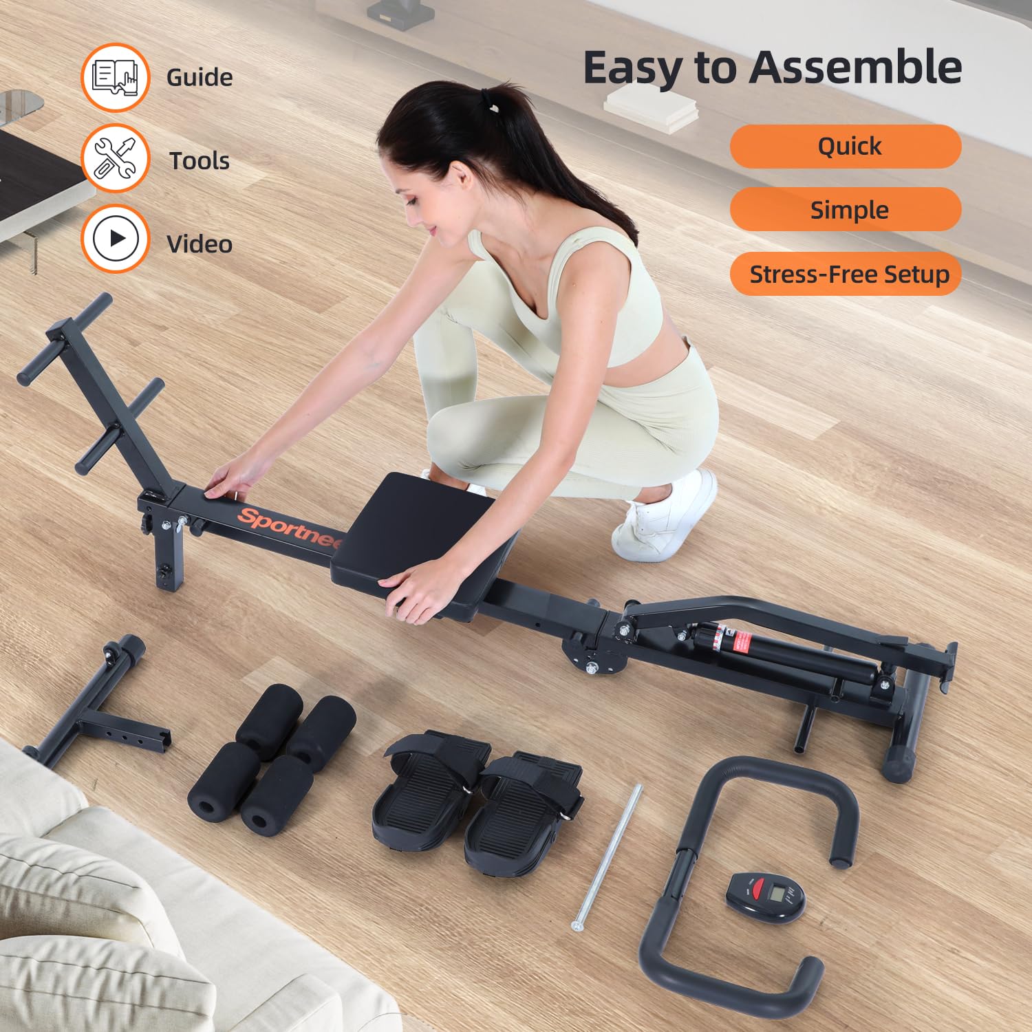 Rudergerät für Zuhause, Sportneer Hydraulisches Rudergerät klappbar mit 12 Widerstandsstufen, Fitnessgerät für Zuhause, Bauchtrainer mit U-Griff & Rückenlehne, bis zu 135 kg belastbar