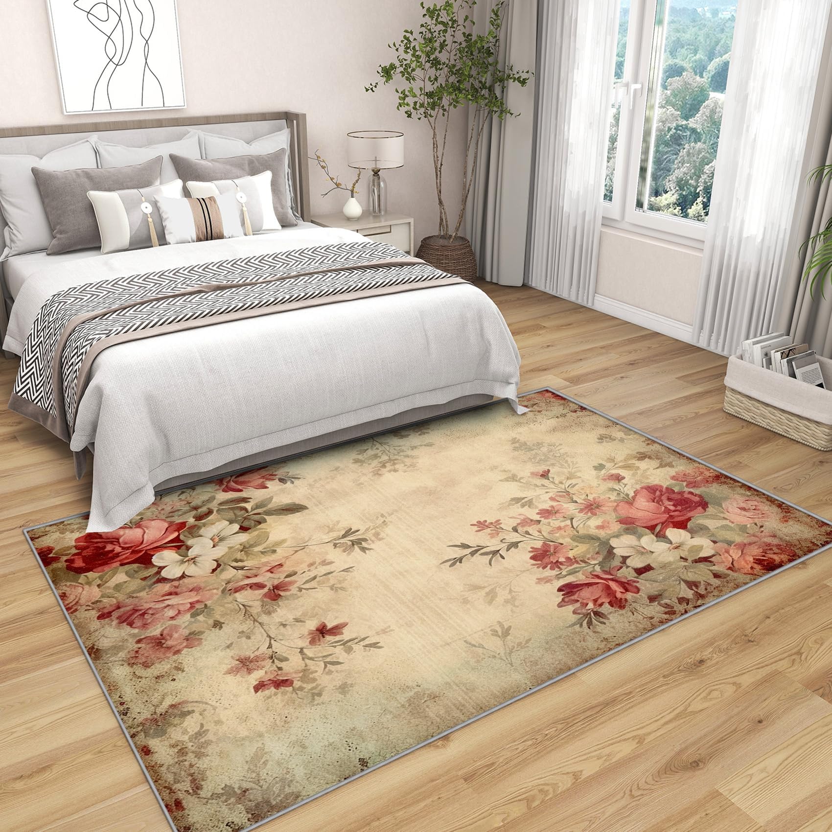 Tapis Shabby Chic à Fleurs Roses Lavable, Tapis Rustique Floral Vintage pour Chambre à Coucher, Salon, Fin et antidérapant (160 x 220 cm)