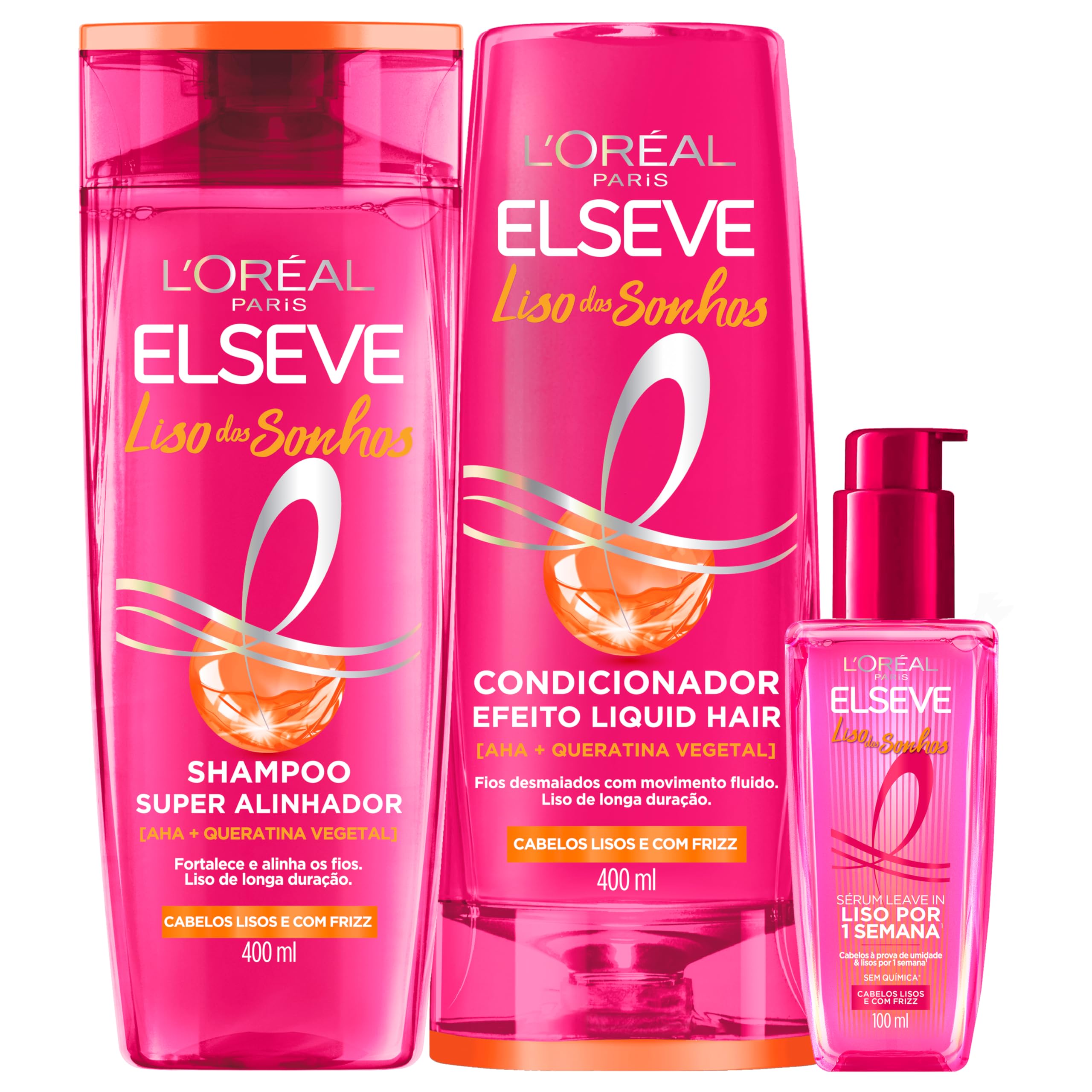 L'Oréal Paris Elseve Liso dos Sonhos Kit Shampoo, Condicionador e Sérum, com Tecnologia Ativada por Calor para um Liso por 1 Semana, Efeito Antifrizz e Barreira Protetora Contra Umidade