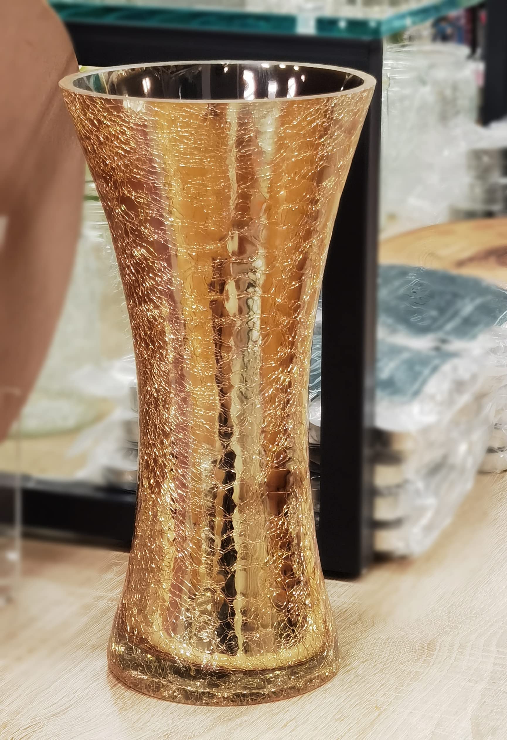 Deenz Gold 30X14.5cm Tapered Design Crackle Effect Vase Flowers Vases Glass Vases For Home Office Decorations (Gold)