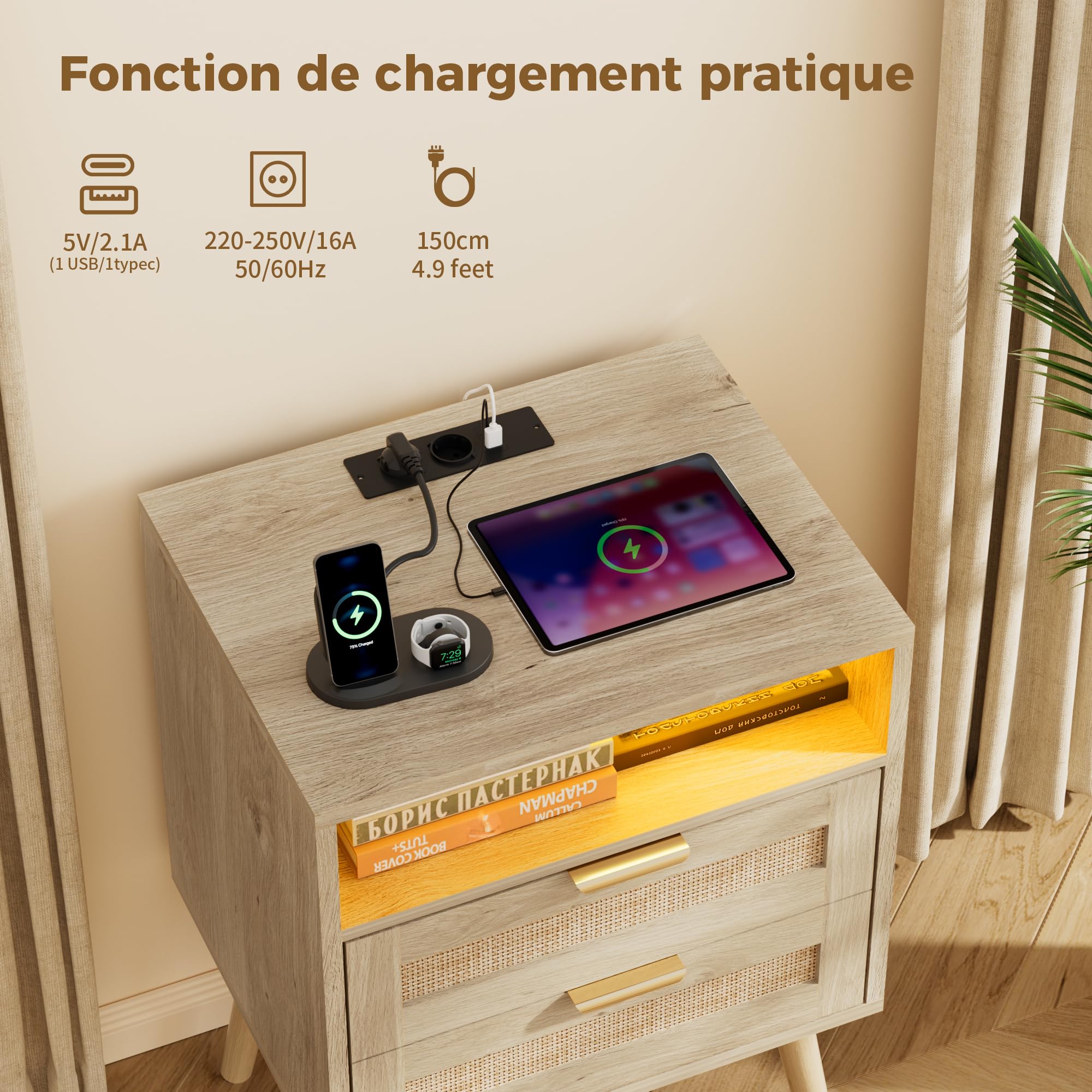 BonVache Table de Chevet Lot de 2 avec Lumière Réglable, Table de Nuit, Prise intégrée et Ports USB-A & C, Compartiment Ouvert et 2 Tiroirs en Cannage, Pieds en Bois Massif, Rotin Naturel