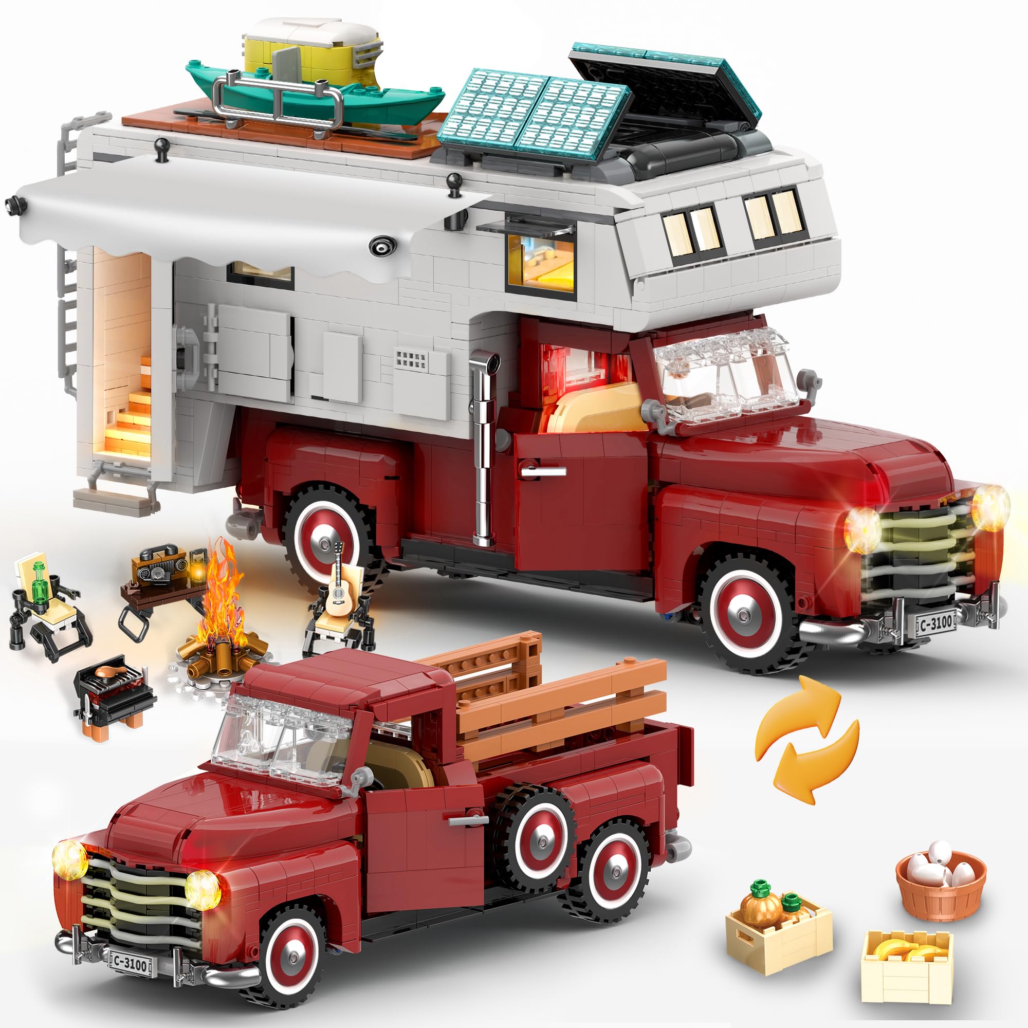 Car Building Block, 2-in-1 Camper Van Building and Farm Pickup Truck Building Set Toy for Adult, Retro Rvs Building Block Kit Set, 2188pcs