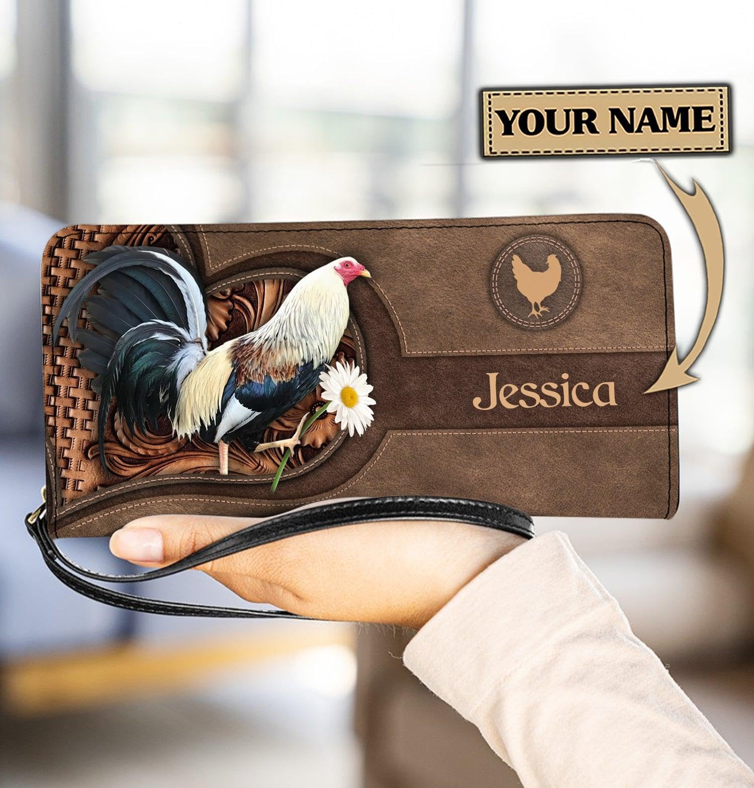 Personalized Chicken Hen Farm Women Leather Wallet, Vintage Rooster RFID Blocking Zip Wallet, Boho Multi Card Clucth Wristlet, Custom Name Gift for Chicken Lover (Chicken 2)