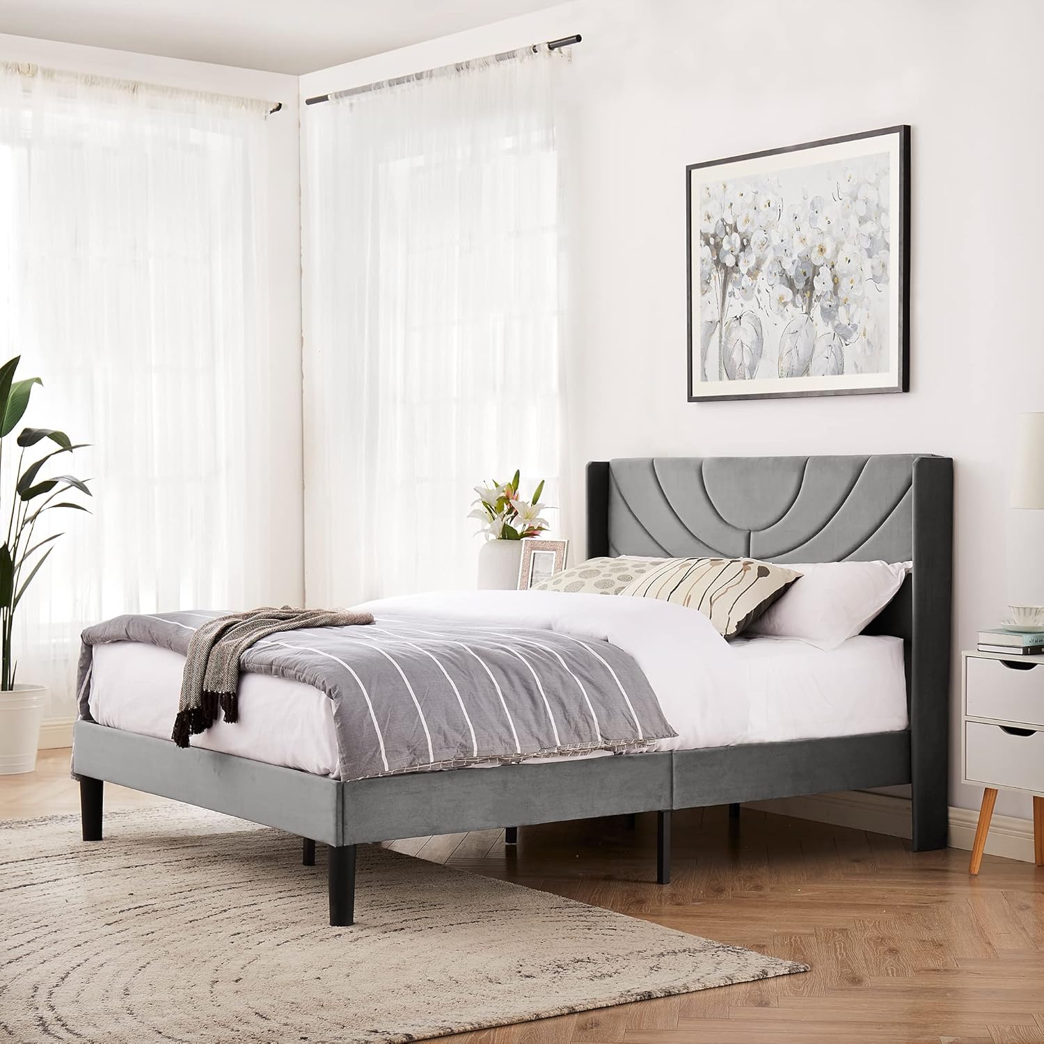 VECELO Queen Size Upholstered Platform Bed Frame with Fabric Headboard,Wooden Slats Support/No Box Spring Needed/Mattress Foundation,Dark Gray