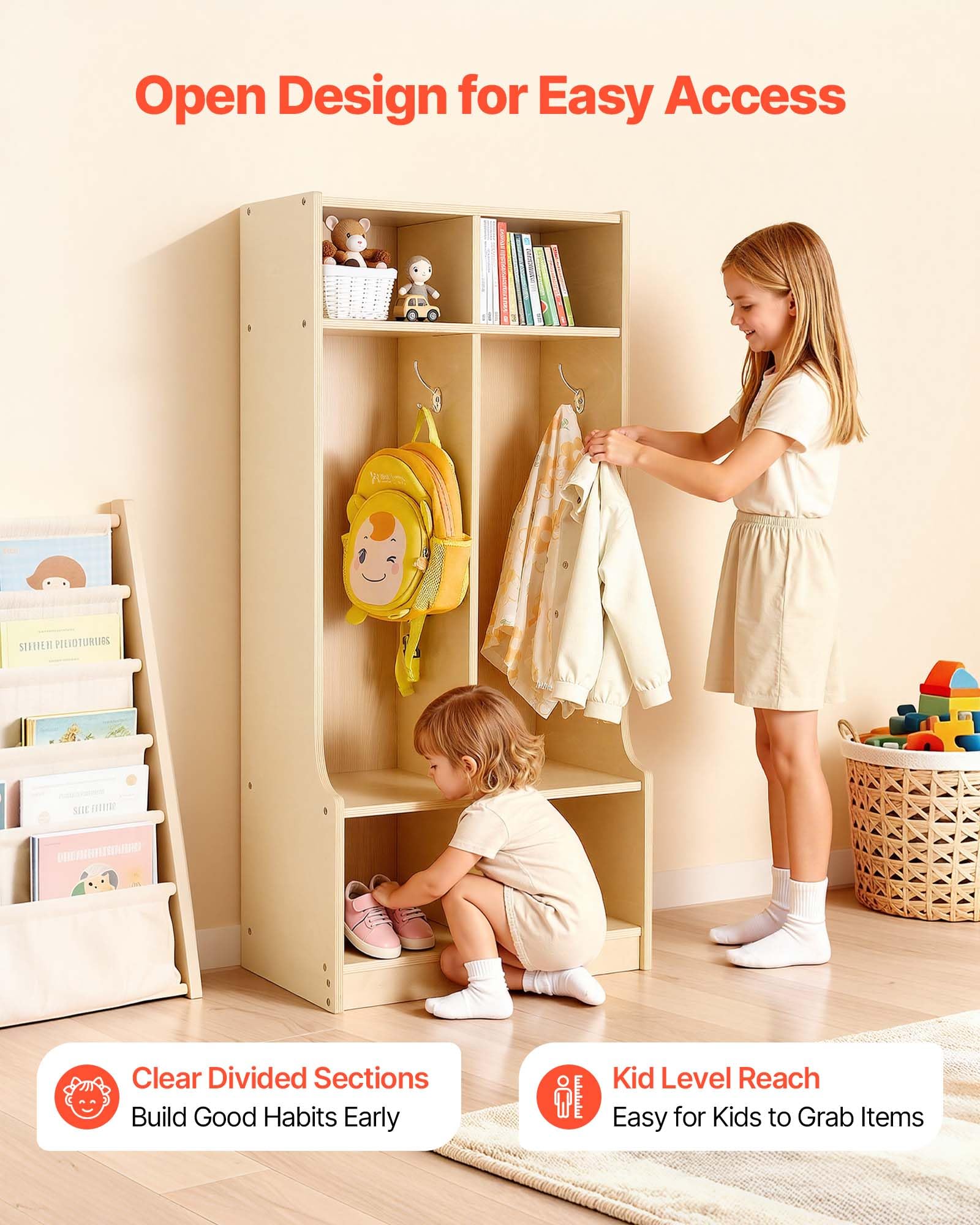 VEVOR Vestiaire 2 Enfants Ouvert, Penderie pour Enfants en Bois, Rangement pour Crèche Maternelle Garderie Maison, Meuble d'accueil Scolaire avec Casiers à Manteaux et à Chaussures, Cases Supérieures