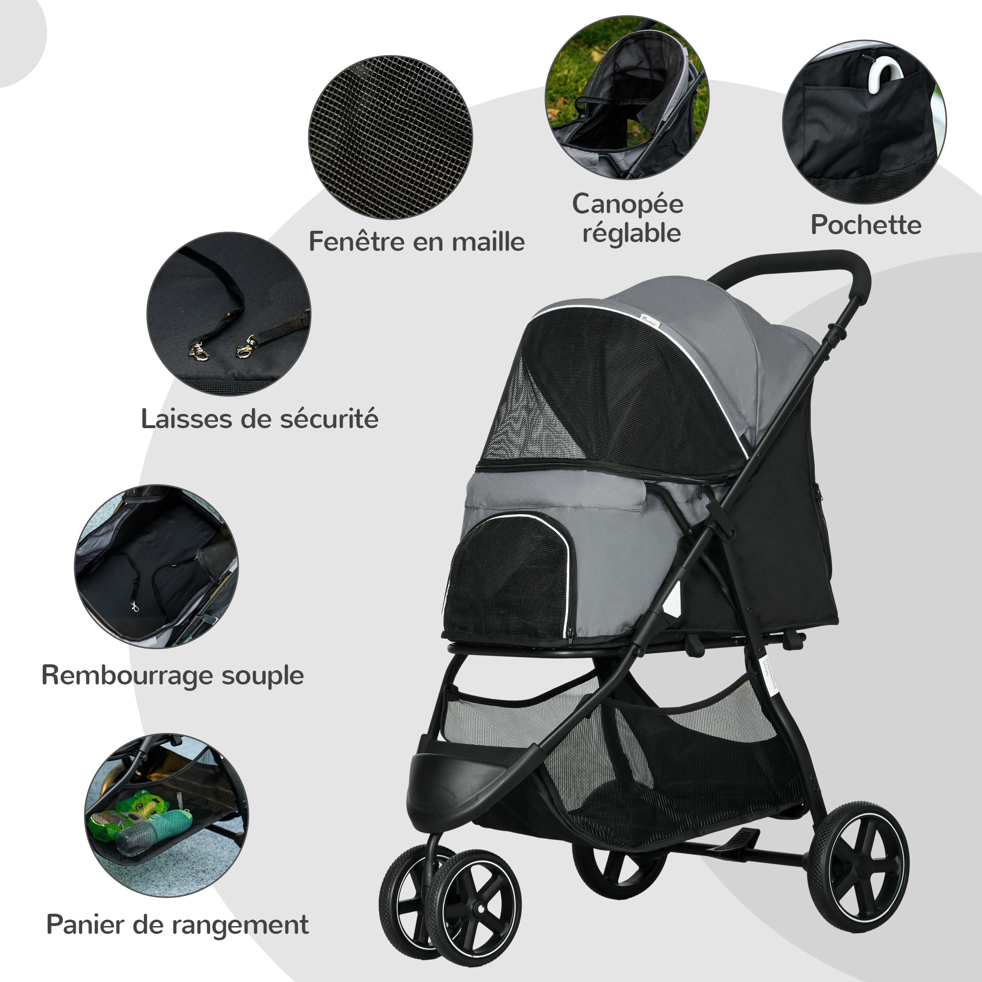 PawHut Poussette buggy pour chien, poussette pour chat animaux de compagnie pliable, 2 laisses, roues EVA, guidon réglable, panier, 83 x 55 x 101 cm, gris