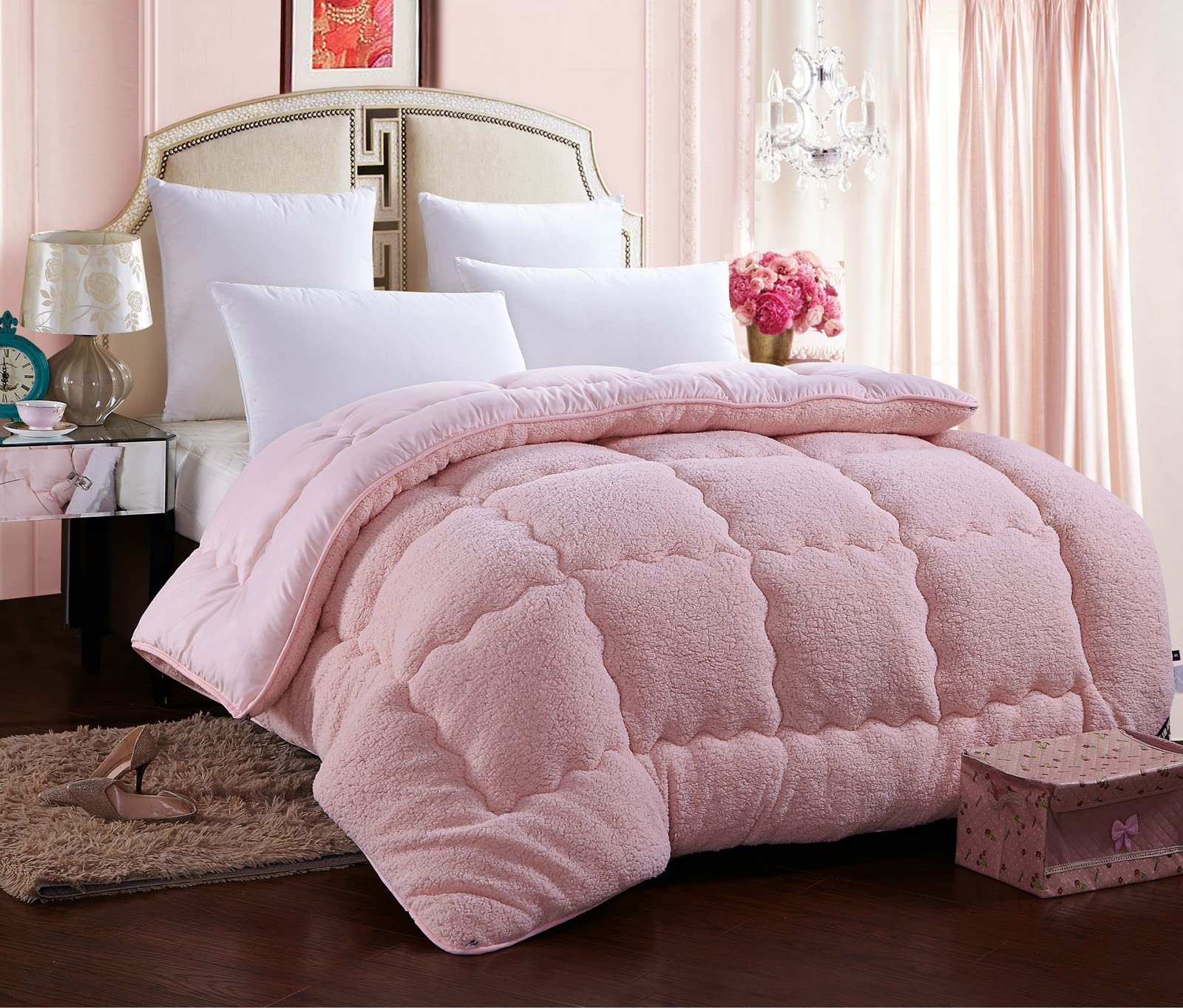 Piumino Invernale In Cashmere Di Agnello 220x240cm | Trapunta Calda Morbidissima Peluche Per Letto Matrimoniale, Rosa - 2