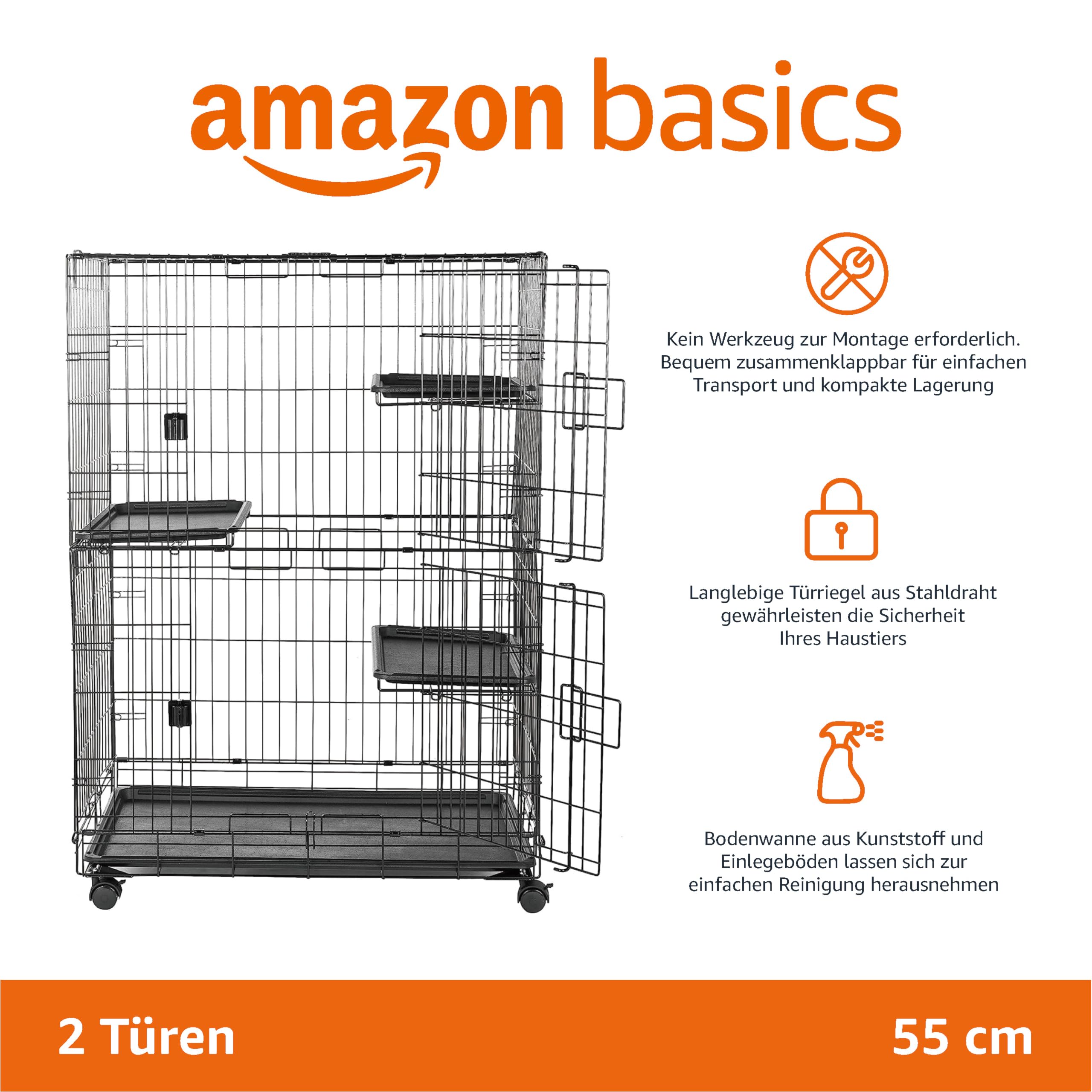 Amazon Basics Langlebig, biegsam Großer Katzenkäfig mit 3 Ebenen, Schwarz, L 91 x B 57 x H 129 cm