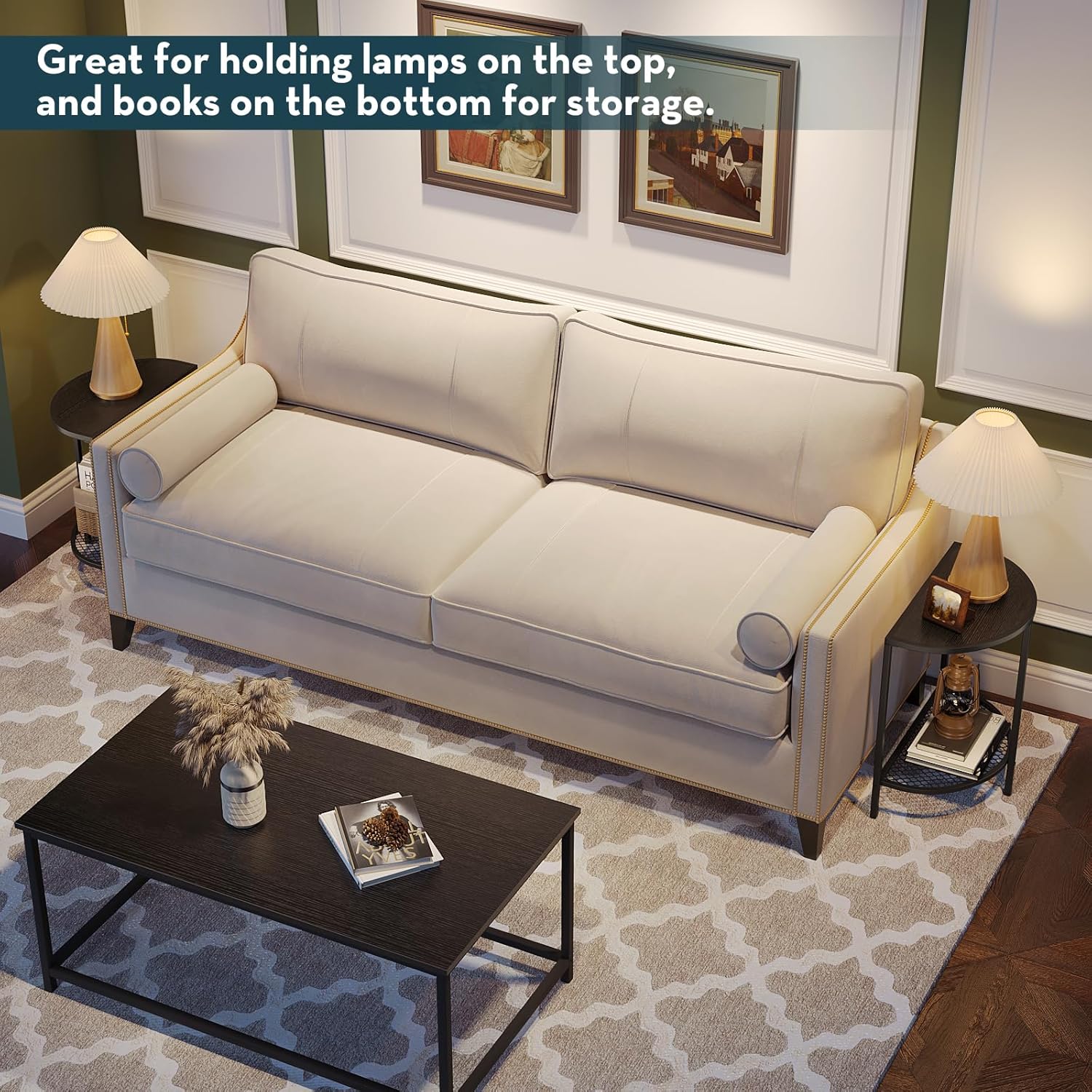 SAYGOER Black Side Table 19.7'' Half Moon Side Tables 18.7"*10.4" Night Stand Small End Tables for Living Bed Room 2 Tier Bed Couch Tables with Storage Shelf, Adjustable Feet, All Black