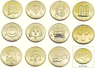 144 Pack of Christian Bible Religious Metallic Plastic Gold Coins (1.25") 11 Different Designs. 3D Shape. Christian Messages. Light Gold