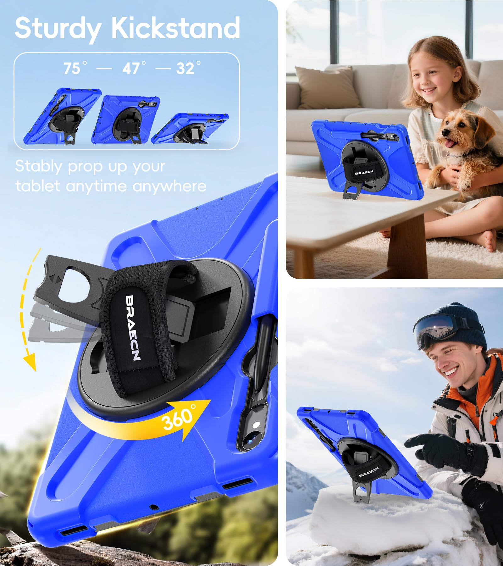 BRAECN Custodia per Galaxy Tab S9/S8/S7 11 pollici 2023, custodia protettiva in silicone antiurto resistente con staffa rotante a 360 cavalletto, tracolla, porta penna S per Galaxy Tab S9 FE 10,9''-BU
