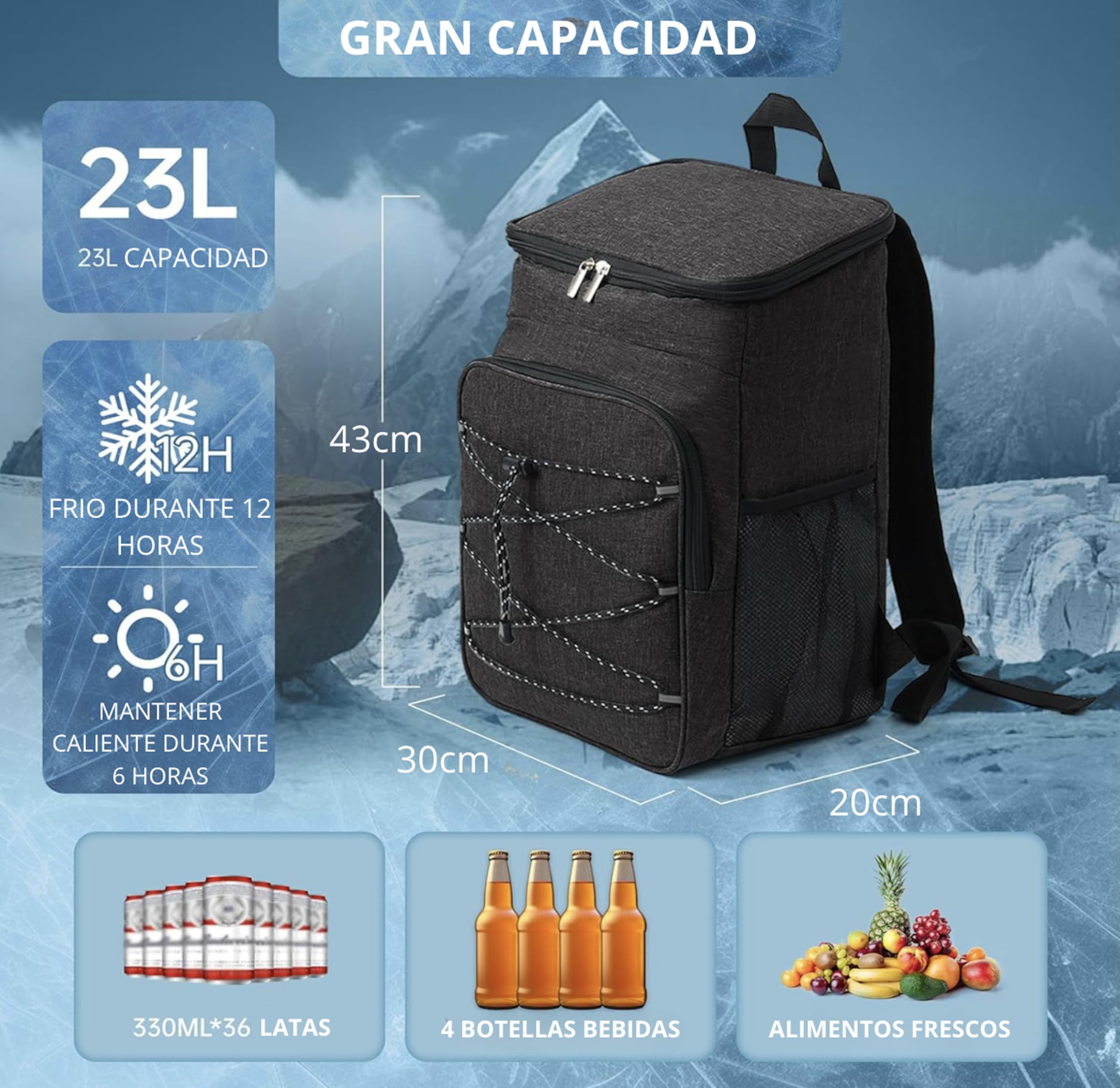 Zaino frigorifero isotermico - Borsa da picnic 23 l, grande frigorifero da spiaggia termico, impermeabile, a prova di perdite, mantiene la temperatura calda, valigia ampia, Cooler portatile, ghiaccio