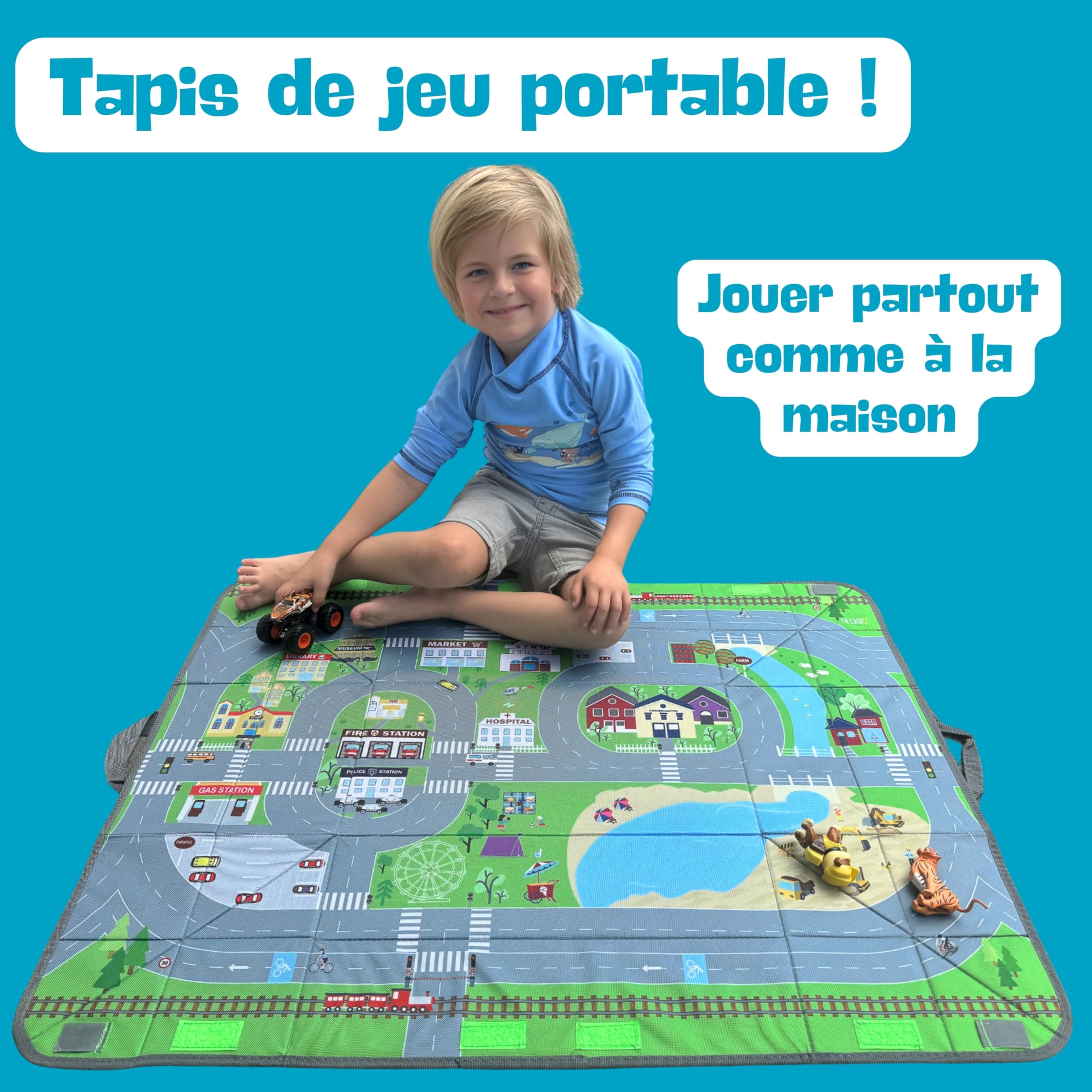HECKBO Organisateur de voiture et tapis de jeu 4 en 1 - Boîte de rangement de jouets pour enfants - Tapis de jeu pliable avec motif de rue - Fixation sûre dans la voiture, 91cm x 72cm
