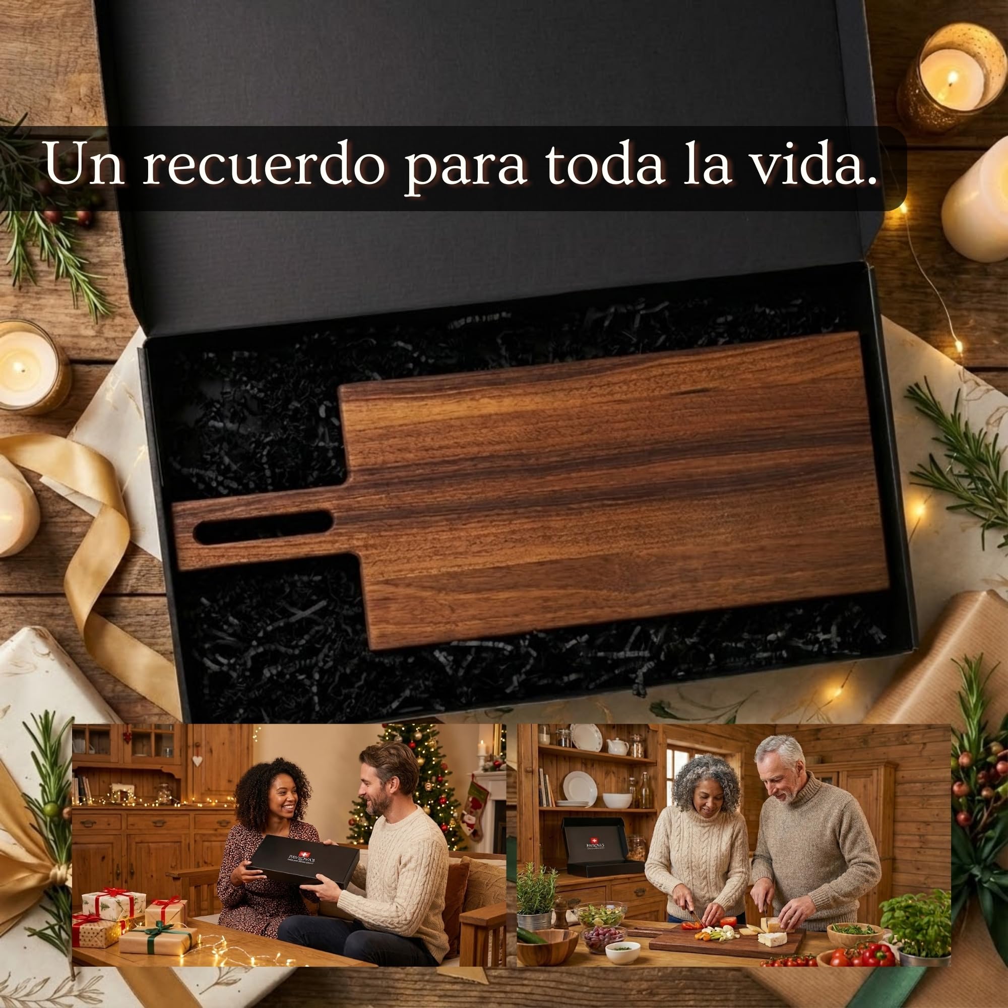 PAVLOVA’S Tabla de Corte y Servicio en Nogal – Artesanía Suiza – 49 × 18 cm – Acabado en Aceite Alimentario – Veta Natural – Para Servir y Cortar – Caja de Regalo – Garantía 10 Años – Edición Limitada