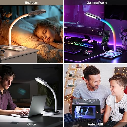 Miniatura 3 de WILIT Lámpara de escritorio con cargador inalámbrico, luces RGB que cambian de color con sincronización de música, lámpara para juegos con puerto de