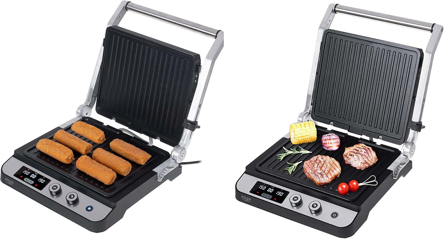 JUNG ADLER AD3059 - Griglia a contatto 2 in 1, 2 piastre rimovibili, display LED, timer, doppia superficie grill, regolazione separata della temperatura, griglia elettrica da tavolo, 3000 W JUNG ADLER AD3059 - Griglia a contatto 2 in 1, 2 piastre rimovibili, display LED, timer, doppia superficie grill, regolazione separata della temperatura, griglia elettrica da tavolo, 3000 W