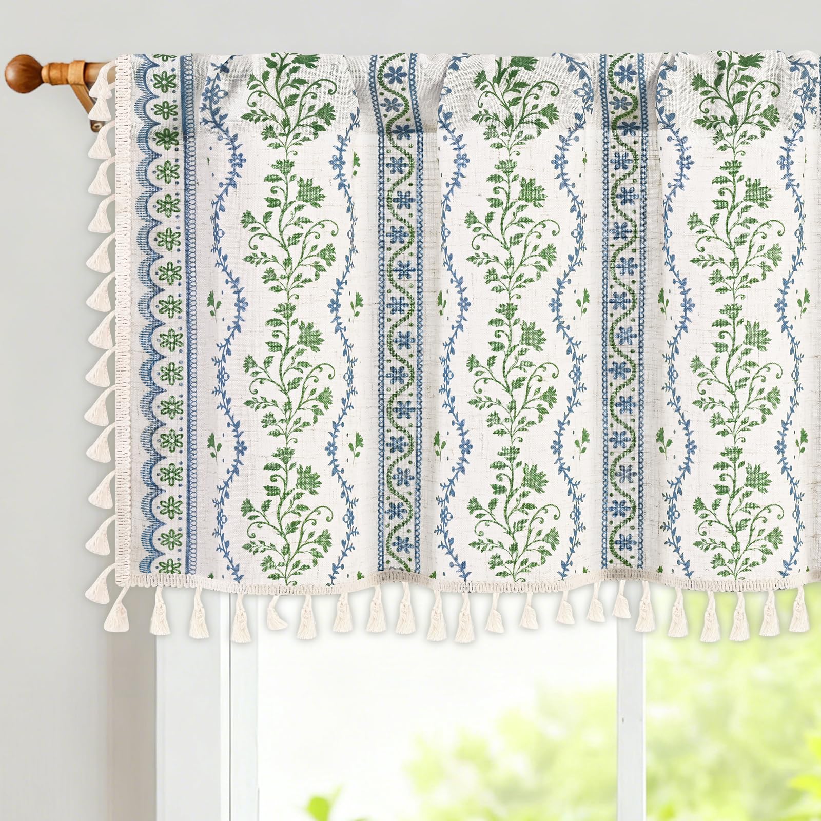 Yinhua Boho Valance Curtains Vintage Linen Kitchen Valances for Windows Light Filtering Bohemian Floral Valance Rod Pocket Tassel Window Valances for Bathroom Cafe, 52" W X 18" L, Blue Green Floral