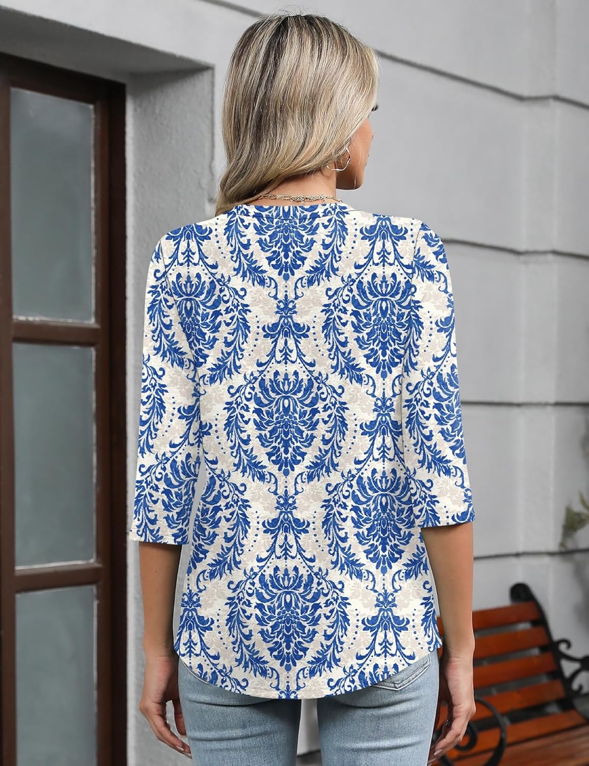 Romanstii Shirts for Women 2026 Spring 3/4 Length Sleeve Womens Tops Dressy Casual Pleated Blouses V Neck Tee Shirts S-3XL - Image 6