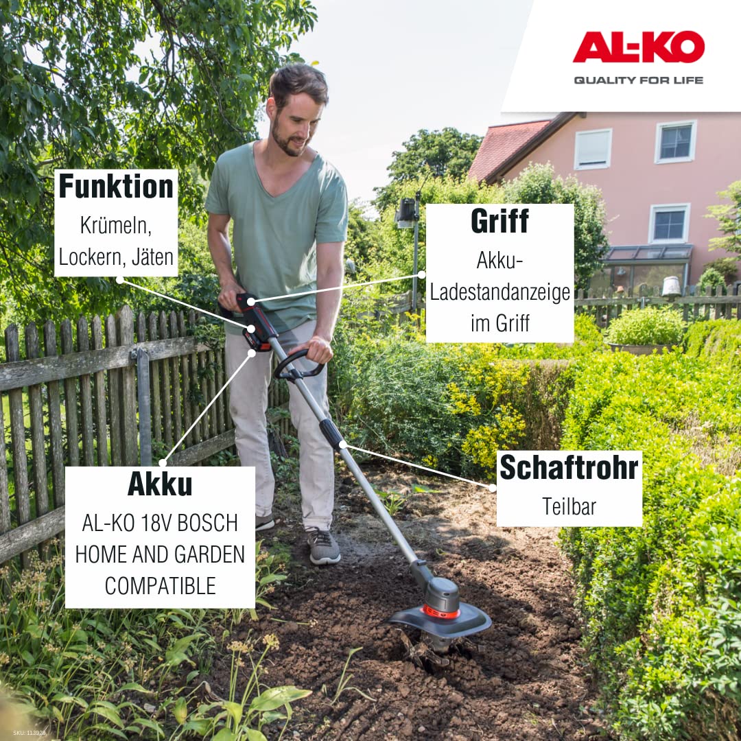 AL-KO Akku-Bodenhacke TL 1820, 18 V Li-Ion Akku, 20 cm Arbeitsbreite, 4x4 Metallmesser, teilbarer Schaft (ohne Akku)