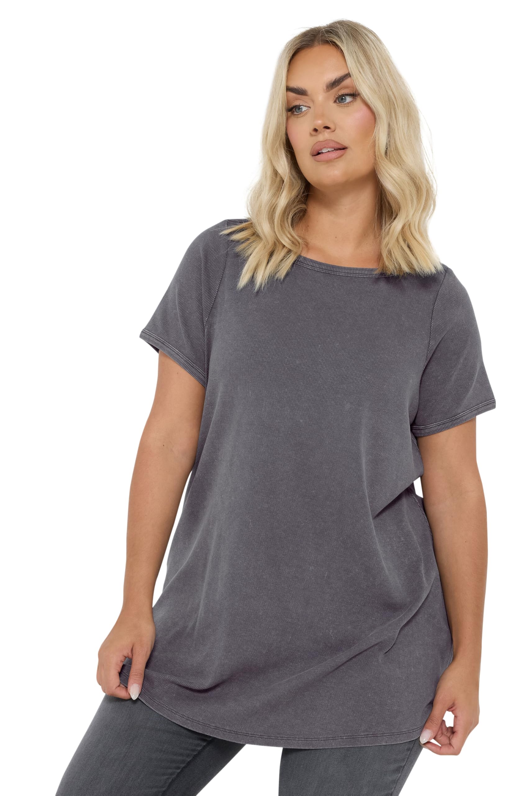 Yours Women's Grey Curve Acid Wash Ribbed Swing T-Shirt - Plus Size Curve