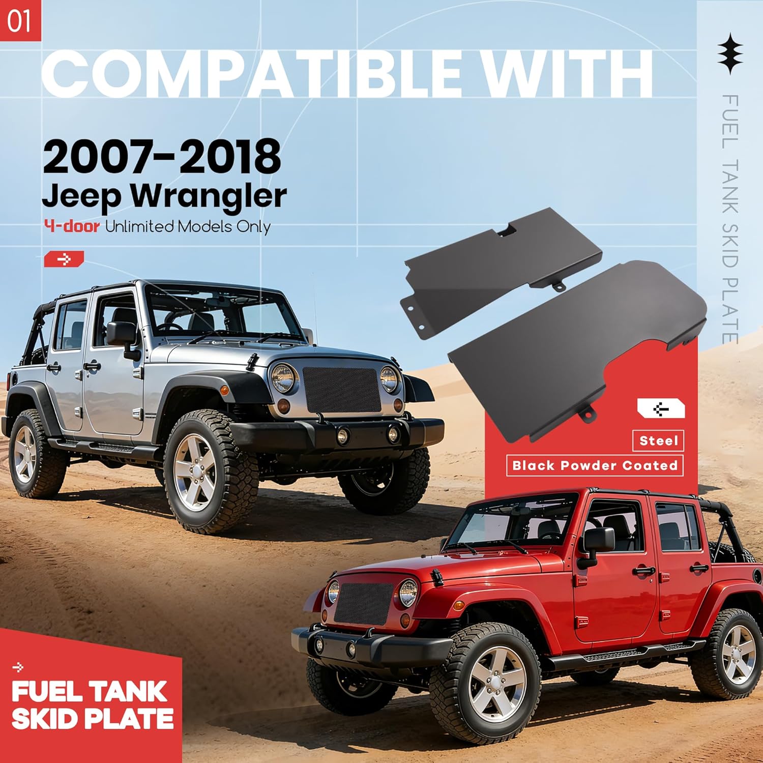Fuel Tank Skid Plate Compatible with 2007-2018 Jeep Wrangler 4-Door Unlimited Models ONLY Steel Powder Coated Black
