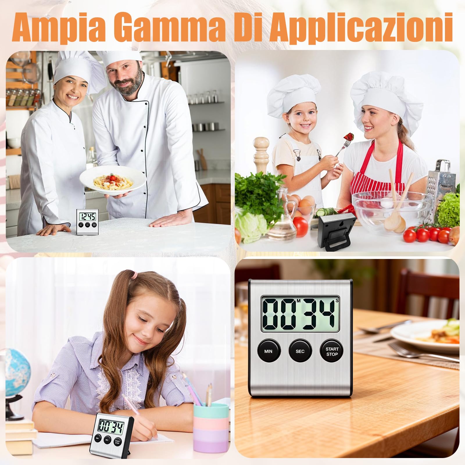 3 PCS Timer Digitale con Allarme Forte con Cifre Grandi, Timer da Cucina Digitale con Supporto Magnetico e Interruttore on/off per Cucinare, Sport, Studio, Riunioni, Acciaio Inossidabile