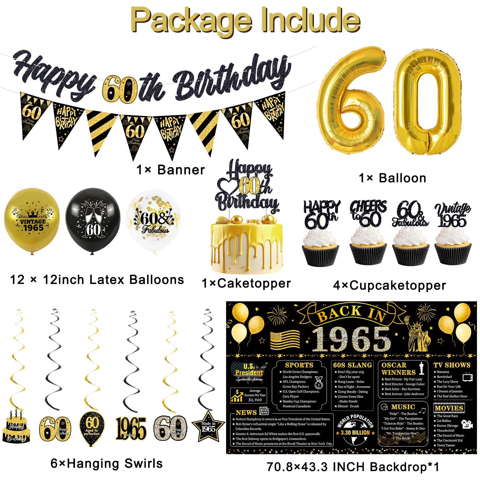 60th Birthday Party Decorations Kit - Back In 1965 Theme With Balloons & Banners