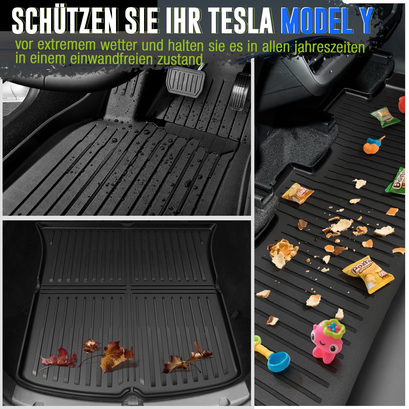 moveland TPE Tesla Model Y Fußmatten Passend für Tesla Model Y 2019–2024 – Allwetter & Extra Robust – rutschfest, Wasserdicht, Leicht zu Reinigen – autofussmatten(9 PCS)