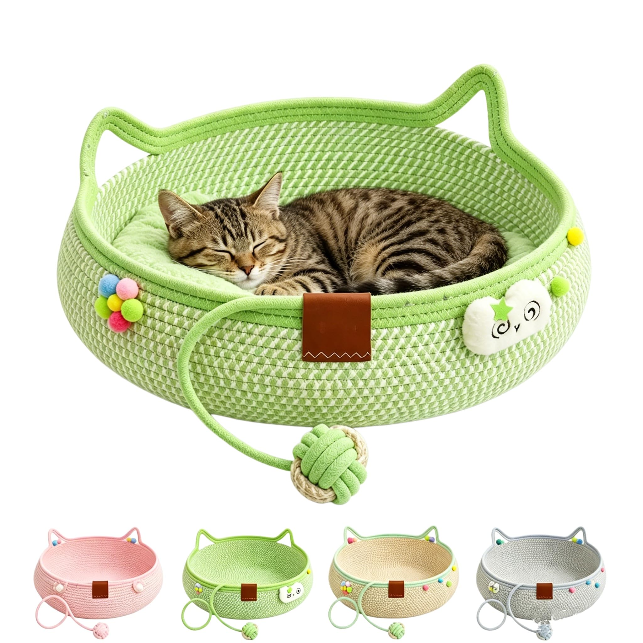Cat Basket Bed With Cushion & Hanging Ball Toy, Handwoven Cat Instinct Basket for Indoor Cats Dogs (Green,L-46cm)